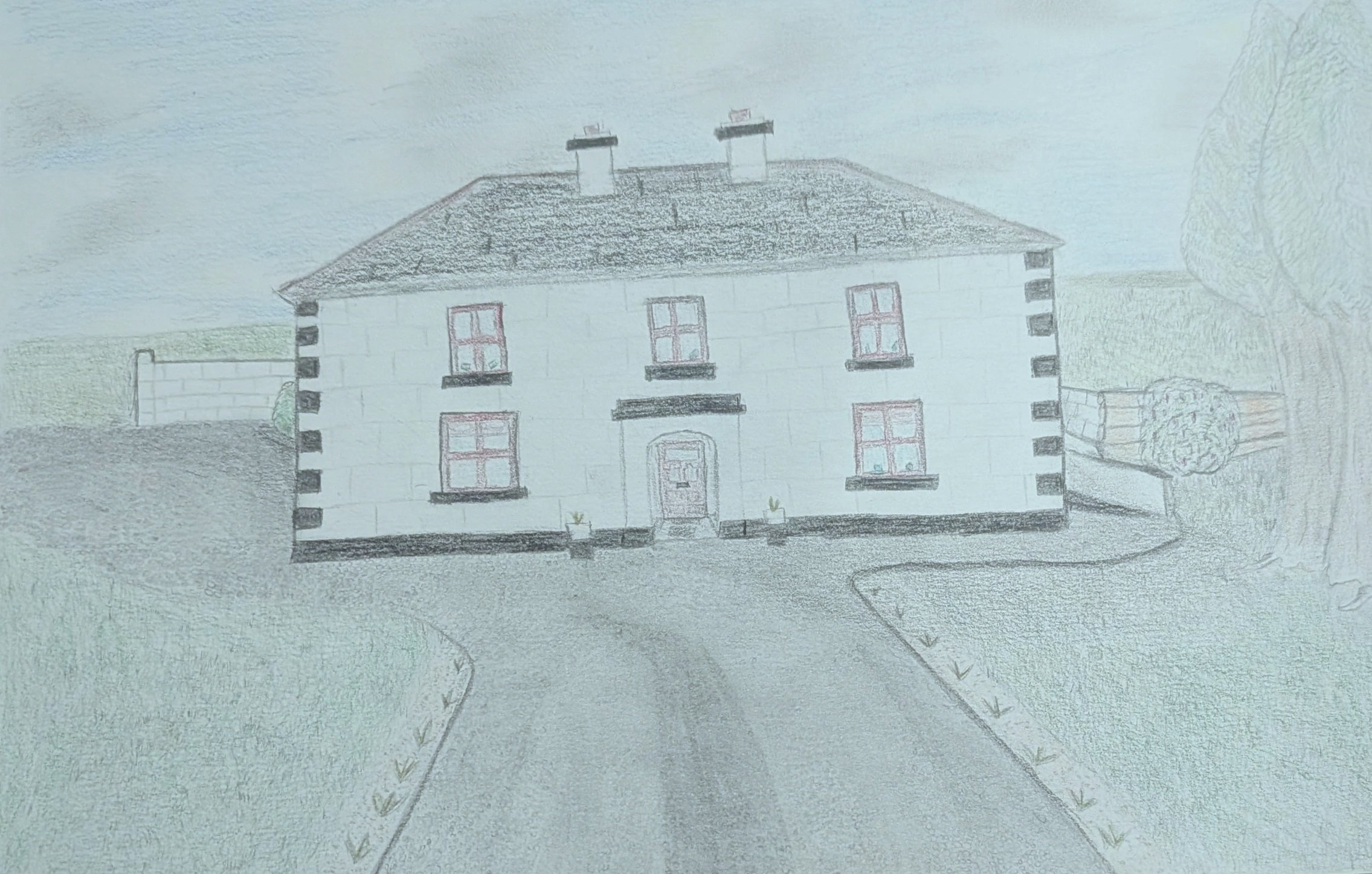 A hand-drawn sketch of a two-story house with a stone exterior, black-trimmed windows, a front door, and a roof with two chimneys, surrounded by a pathway, a tree, and a wall.