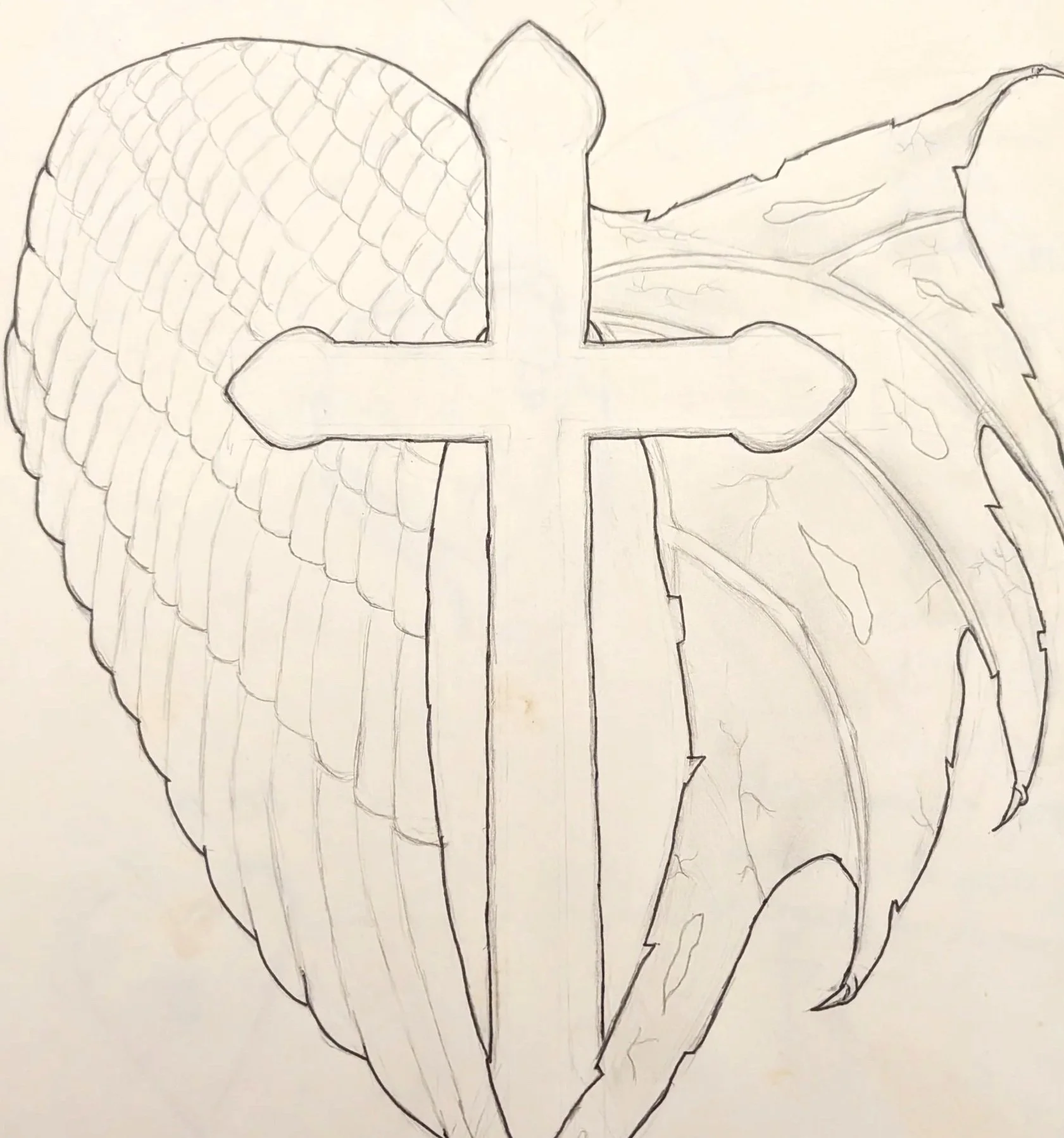 A sketch of a cross overlapping a heart with feathers, incorporating detailed line work.