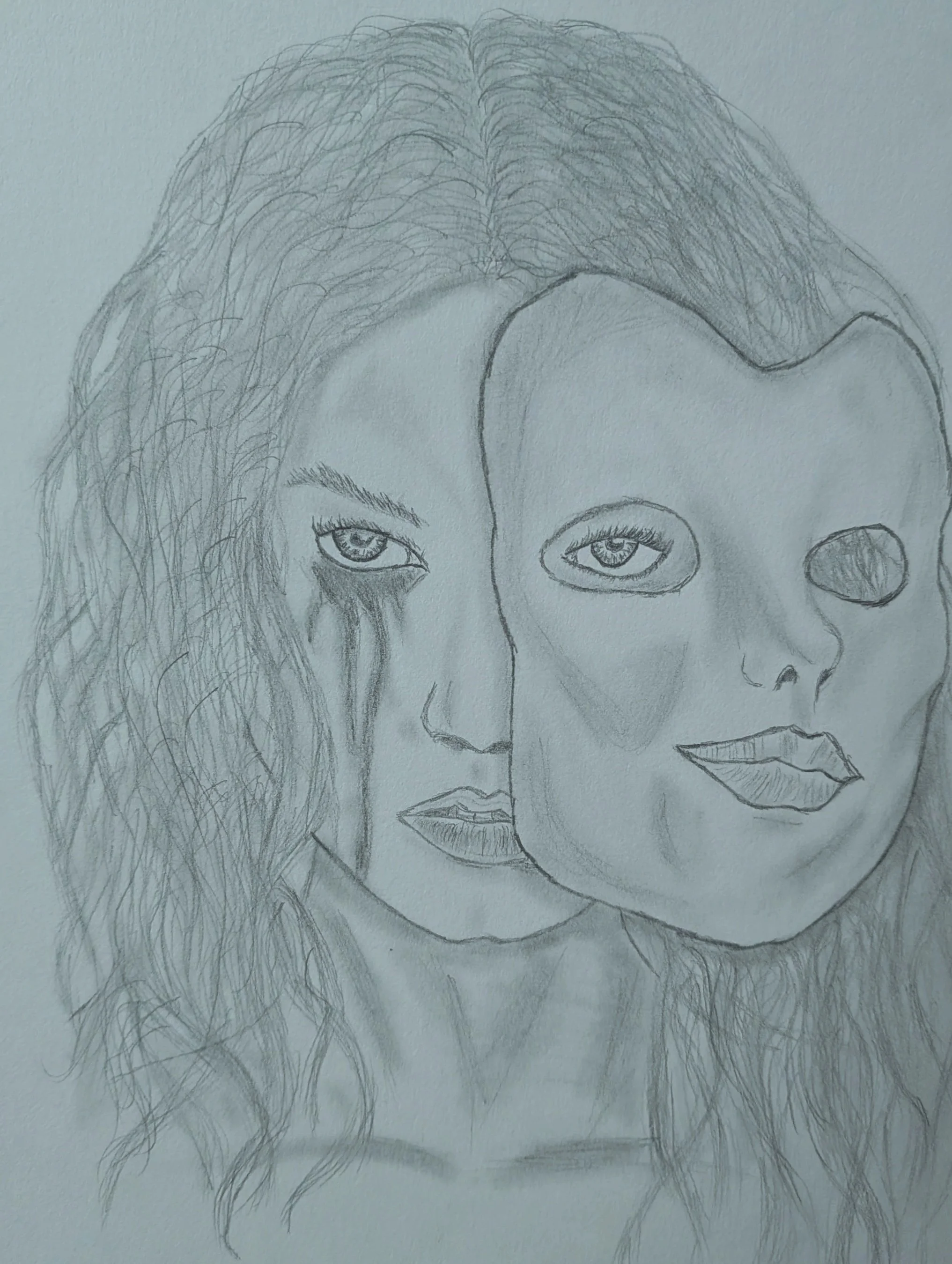 A detailed pencil sketch of two faces, one with smeared makeup and curly hair, and the other with an empty eye socket and fuller lips, sharing a close proximity.
