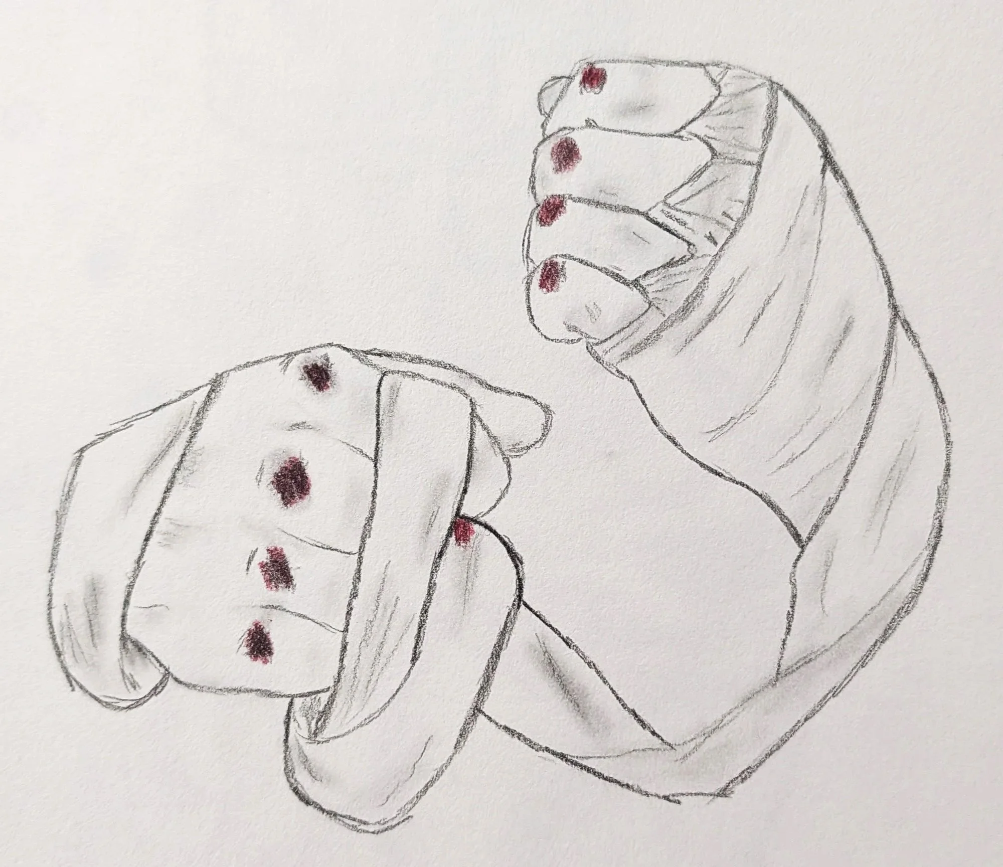 Hand-drawn sketch of two hands in a flexed position, with red dots on each finger.