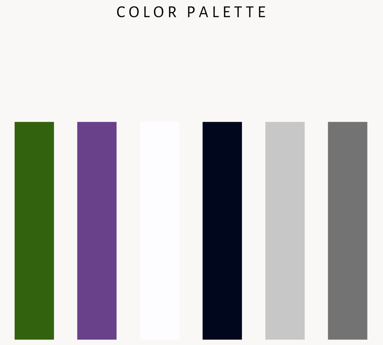 A color palette with six vertical bars in green, purple, white, navy blue, light gray, and darker gray. The text 'COLOR PALETTE' is at the top.
