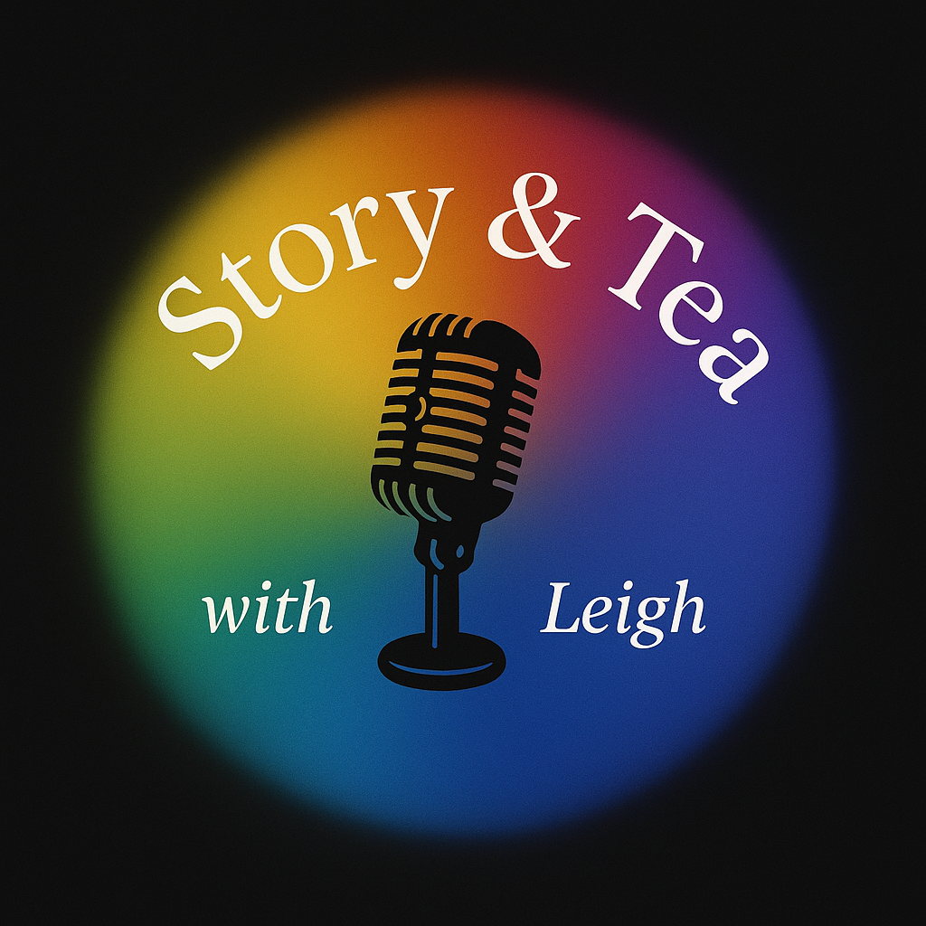 Logo for the podcast 'Story & Tea with Leigh' featuring a black vintage microphone on a rainbow-colored background.