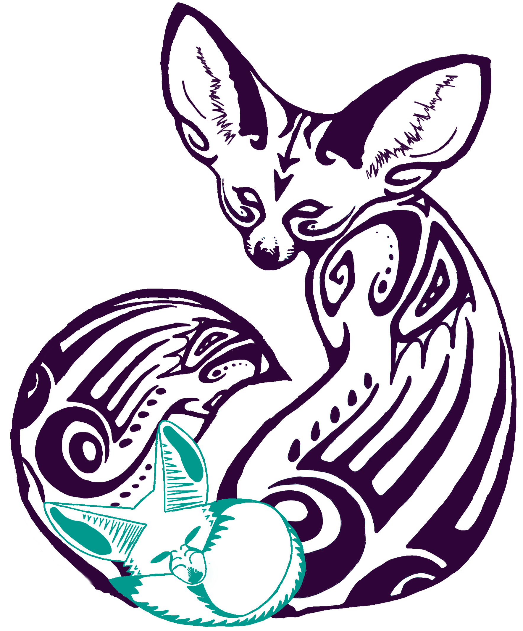 Stylized drawing of a Fennec fox with large ears and a spiral-patterned body, with a smaller spiral-patterned fennec fox curled up beside it.