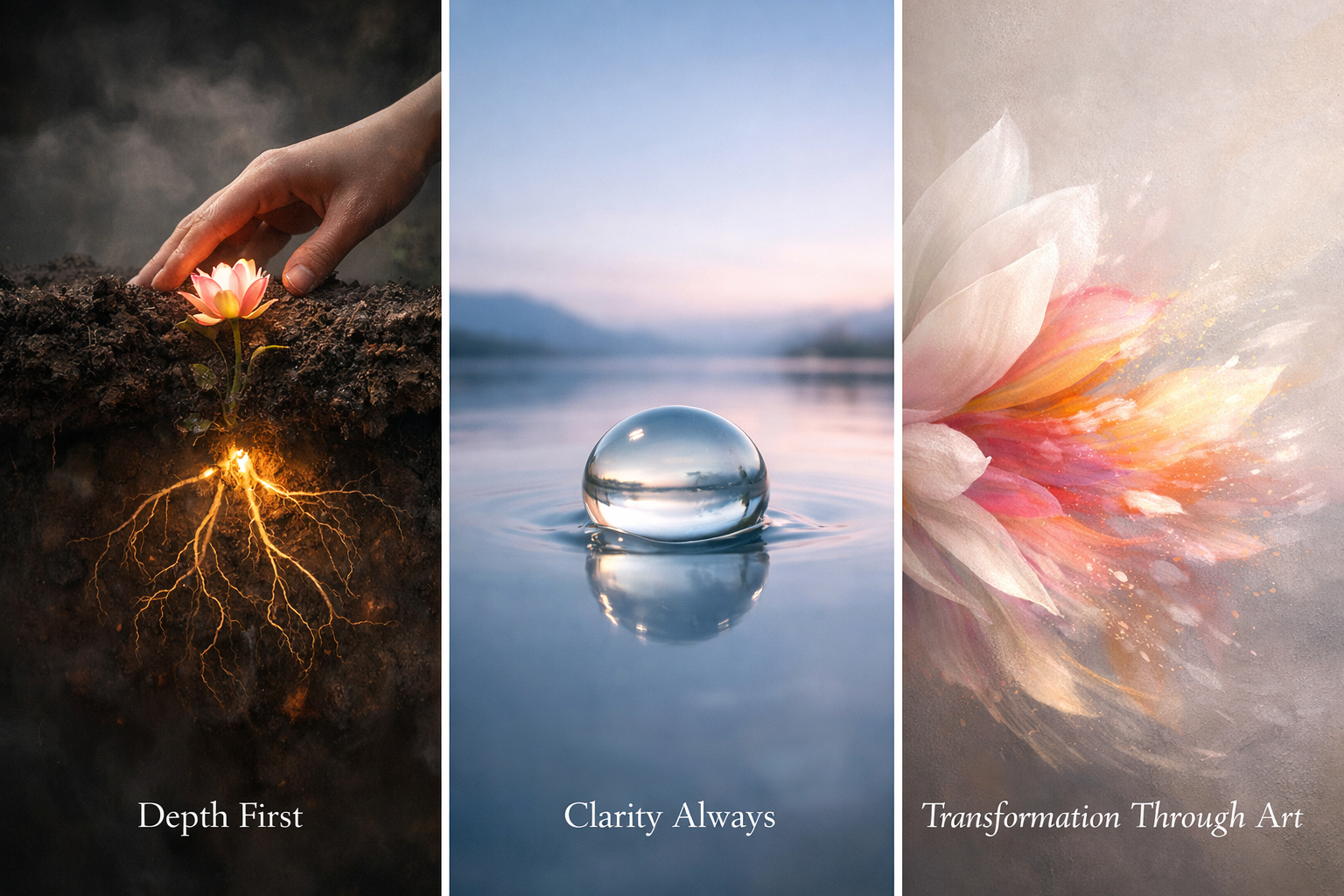 A triptych of three digital images with text overlays: the first shows a hand planting a glowing lotus flower in soil with roots below, labeled 'Depth First'; the second depicts a clear glass marble on calm water reflecting a landscape with mountains and sky, labeled 'Clarity Always'; the third features a watercolor painting of pink and white flowers with golden accents, labeled 'Transformation Through Art'.