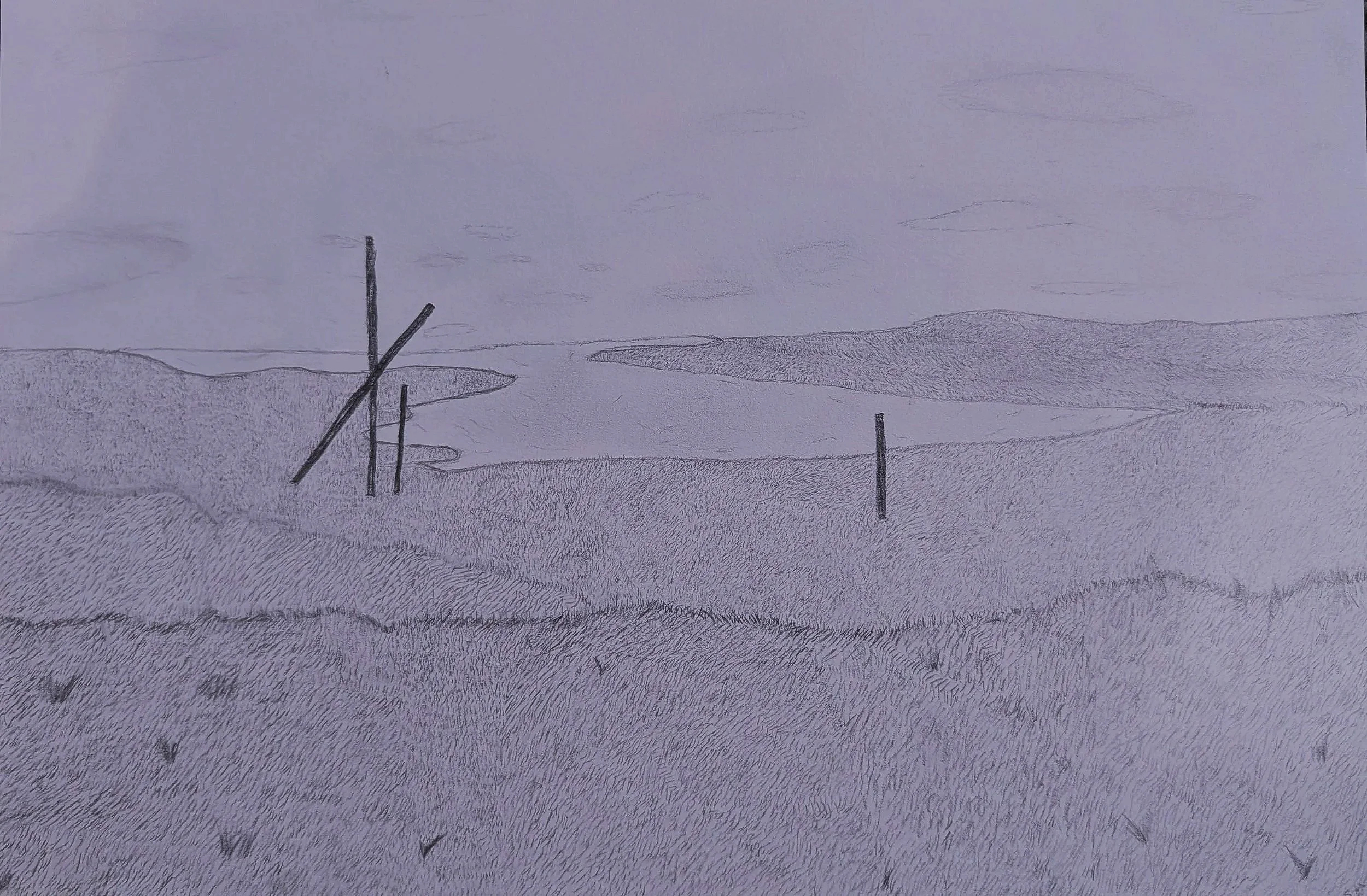 A monochrome drawing of a landscape with several utility poles and a body of water, with hills in the background.