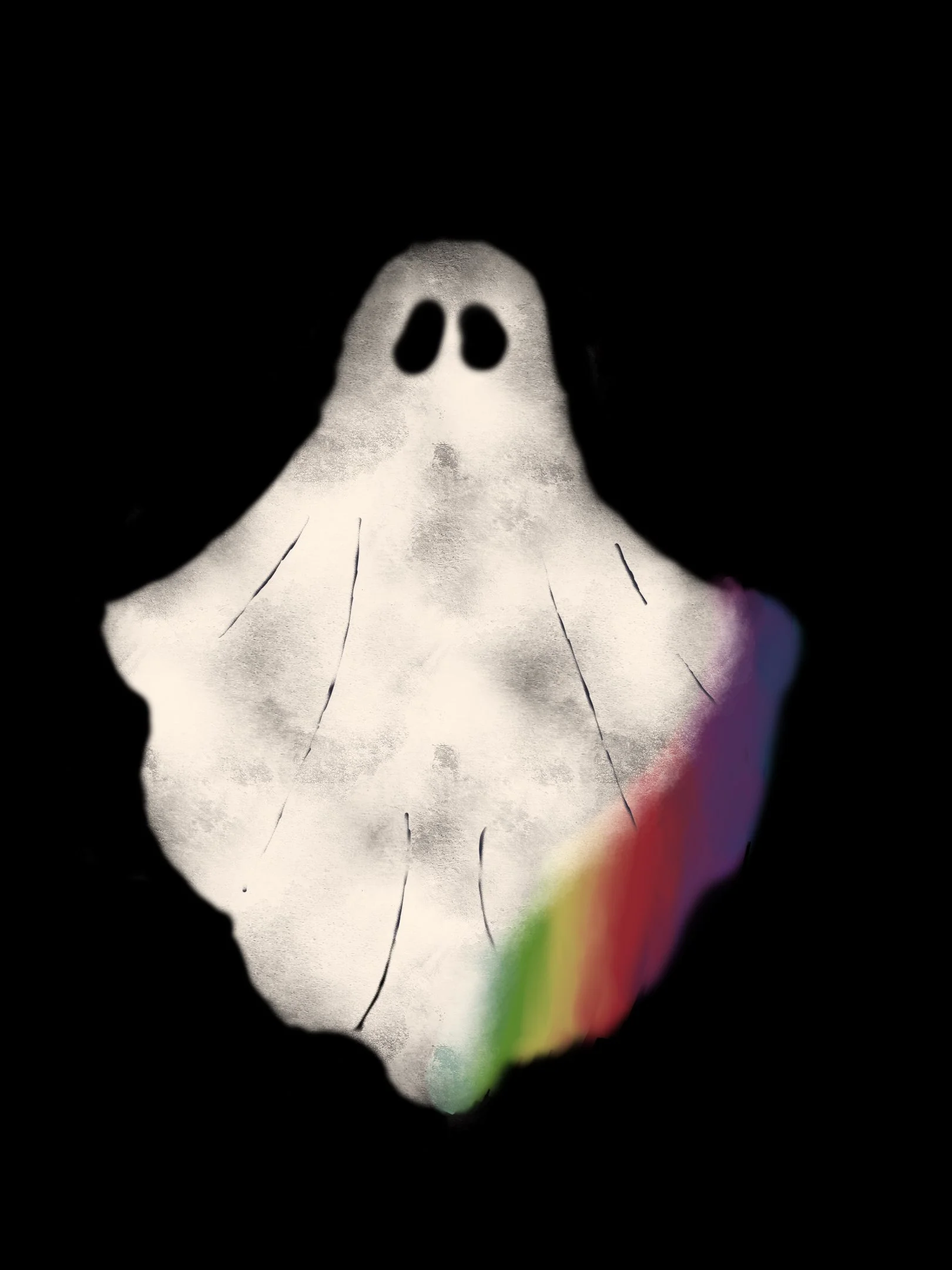Paper cutout of a ghost with two black eyes, surrounded by torn black paper with rainbow colors visible on the right side.