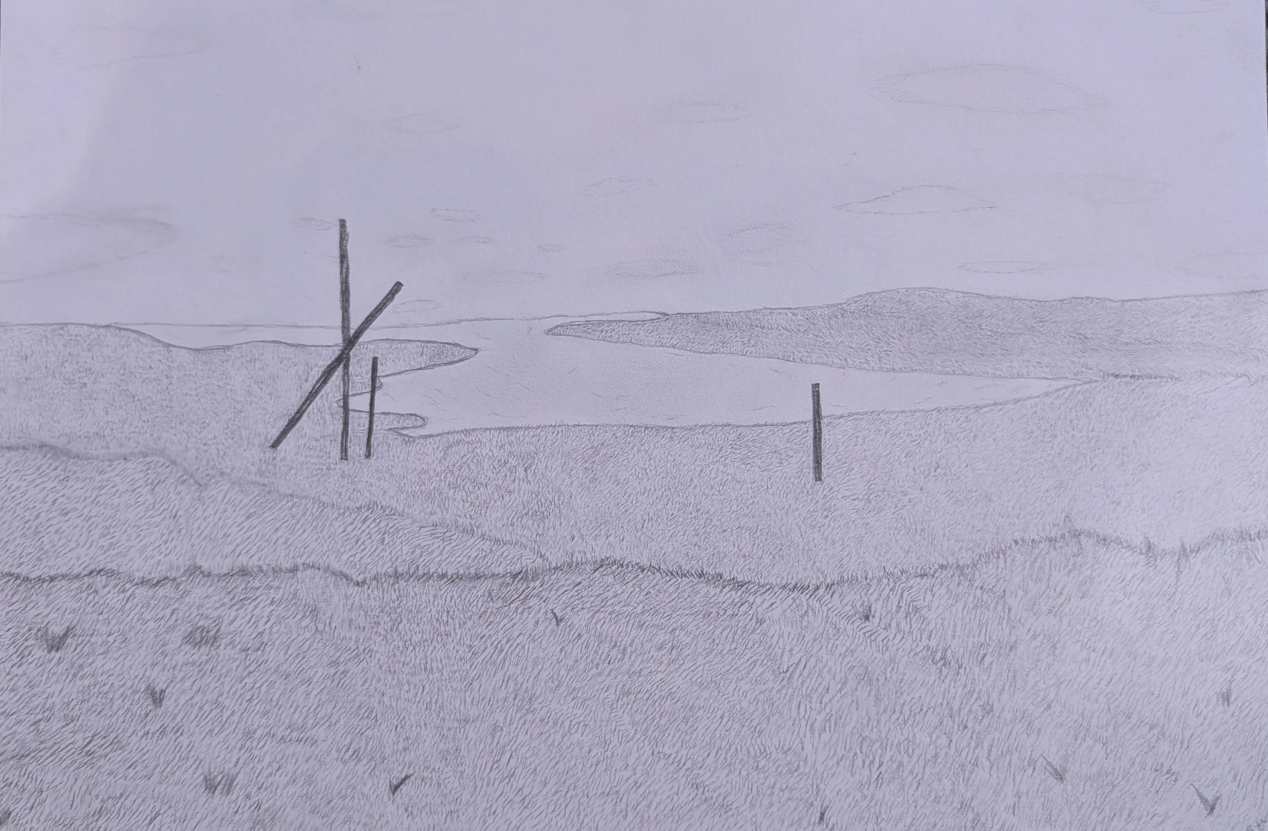 A pencil drawing of a landscape featuring a body of water in the background, overhanging hills, and abstract vertical and diagonal lines in the foreground.