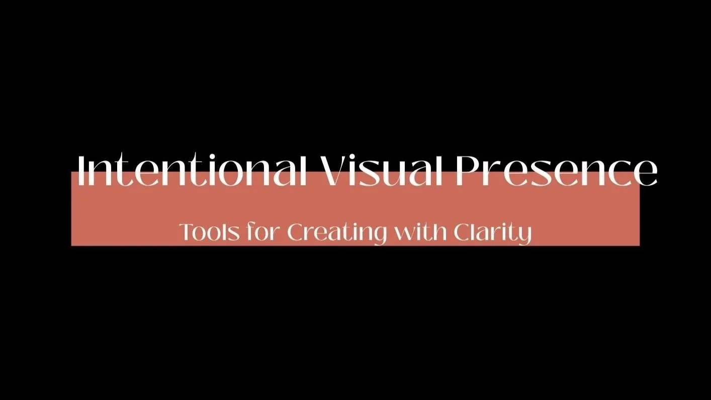 Slide titled 'Intentional Visual Presence' with a subtitle 'Tools for Creating with Clarity', featuring a black background and a pinkish-brown rectangular overlay behind the subtitle.