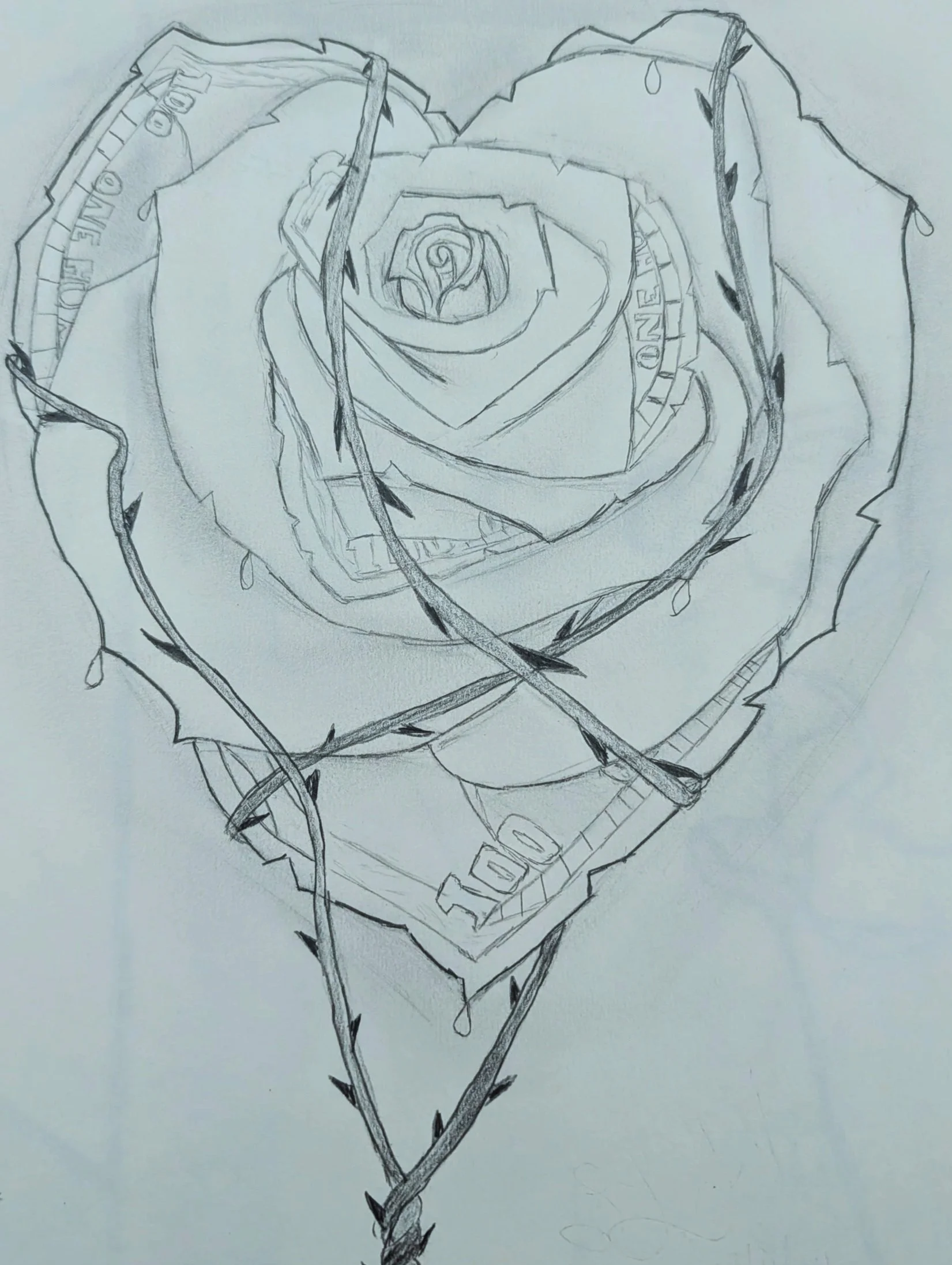 Sketch of a rose with detailed petals, thorns, and leaves, with the words 'LOVE' and 'ONE' written within the petals.