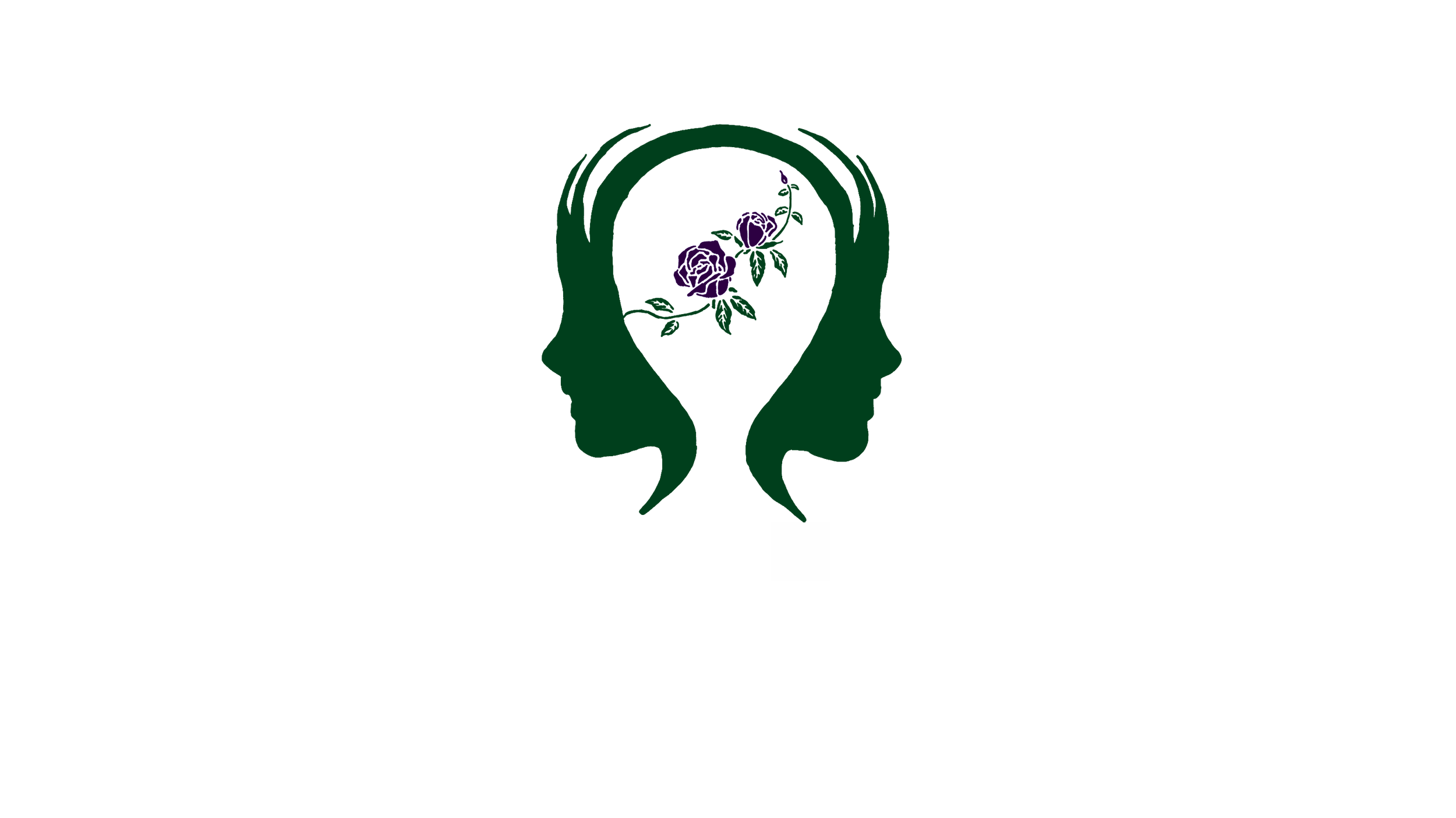 Design of two green human profiles facing opposite directions with a purple rose and vine centerpiece.