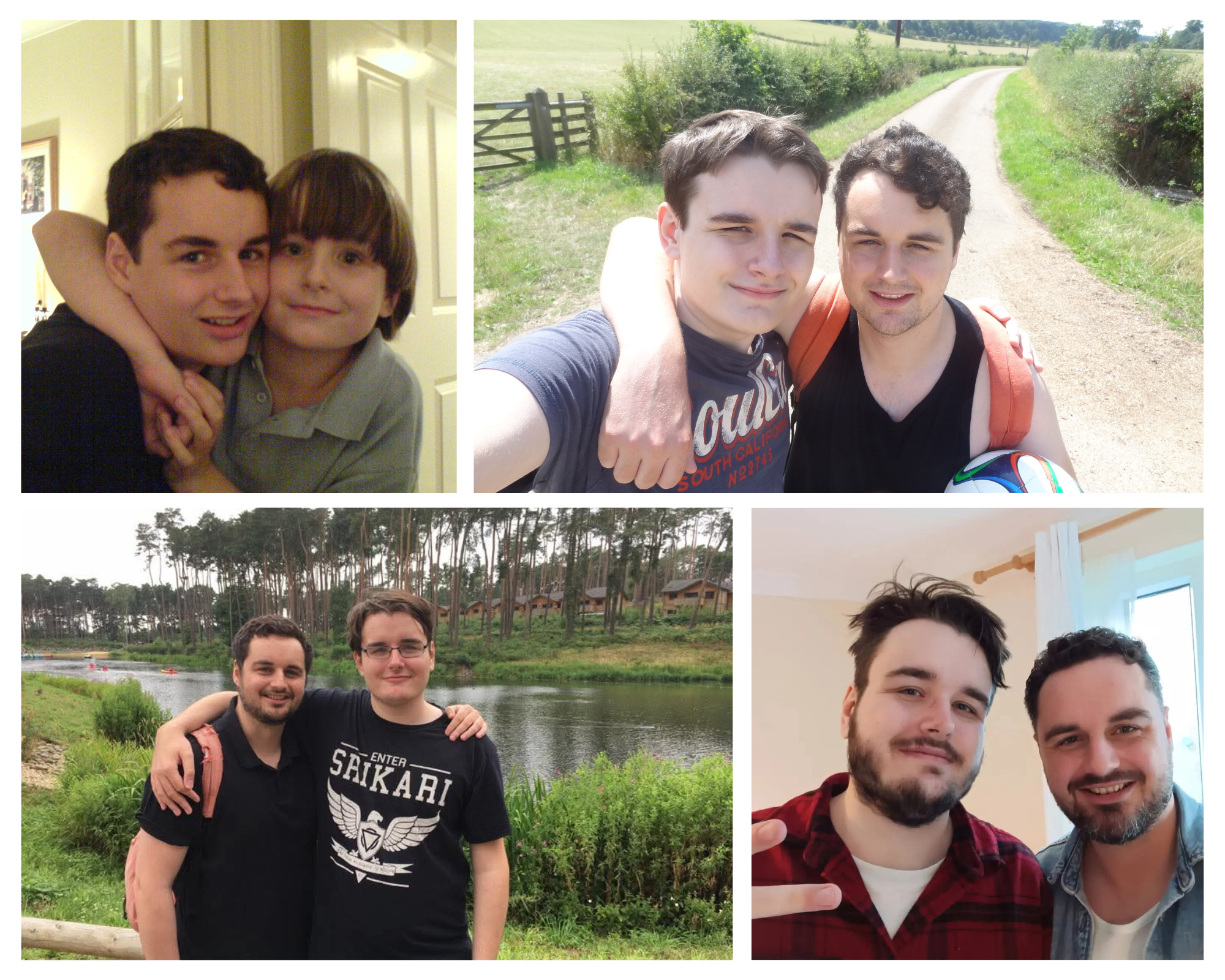 Collage of four photos of groups of young men outdoors and indoors, featuring close-up and wider shots, with nature and indoor backgrounds.