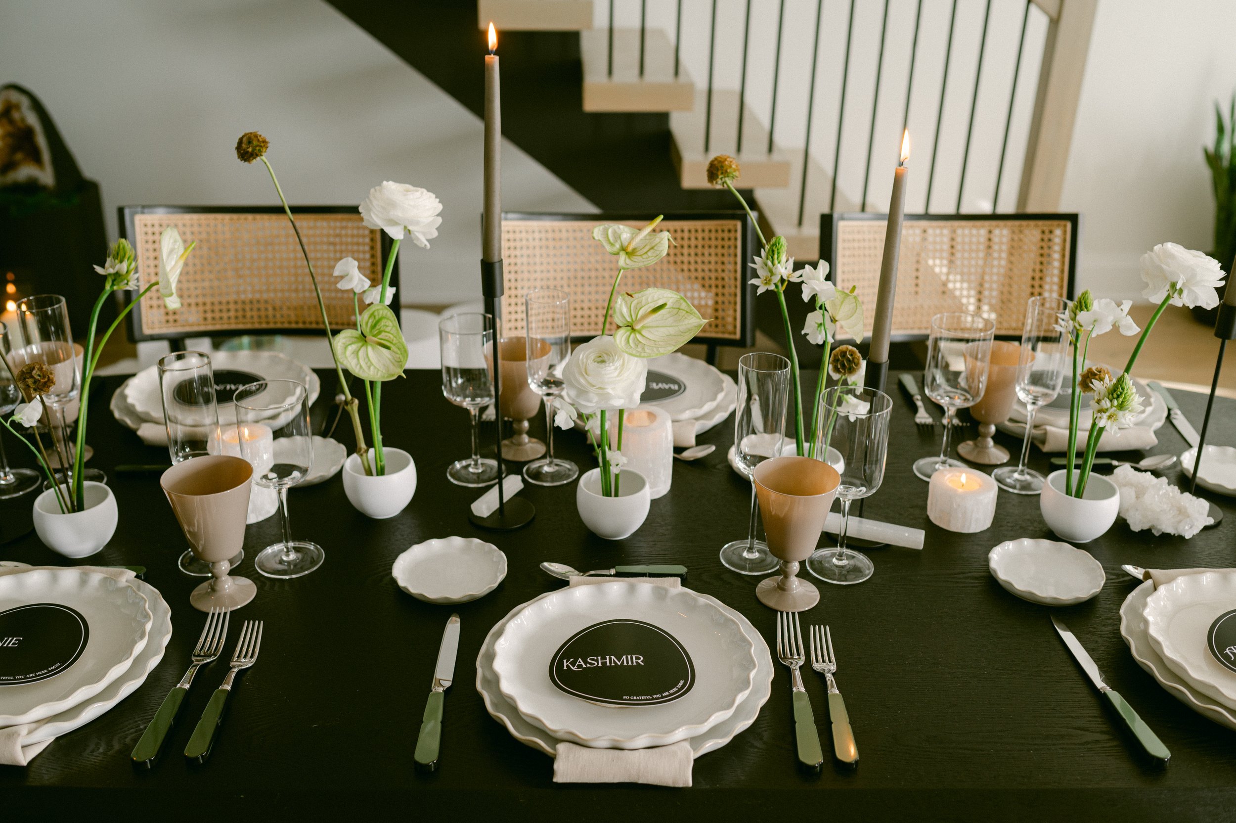 tabletop designed by Baye Kler featuring tabletop rentals styled with custom ikebana floral arrangements 
