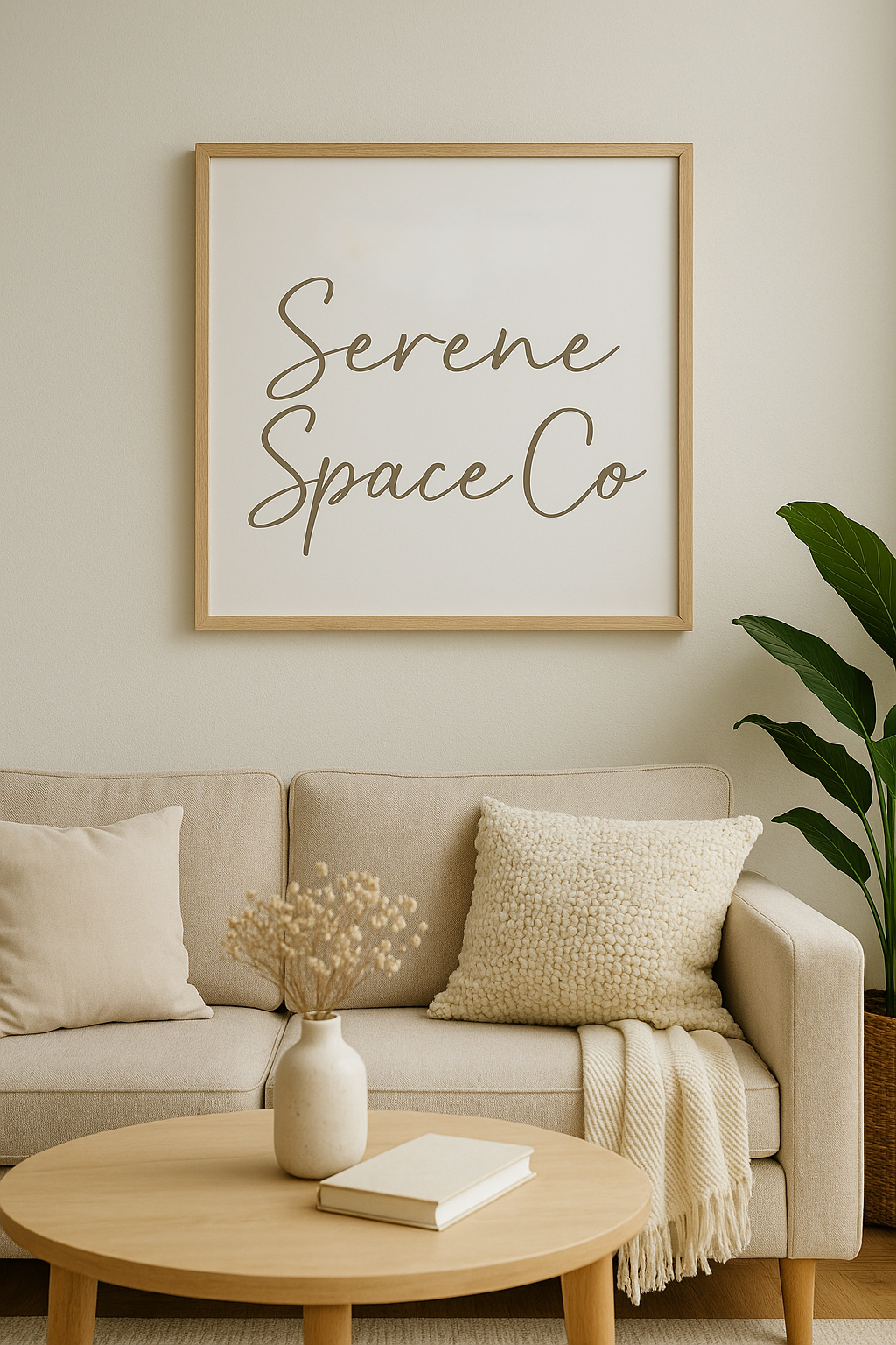A beige sofa with cushions and a throw blanket, a wooden coffee table with a book and a vase with dried flowers, a large framed sign that says 'Serene Space Co,' and a green indoor plant in a pot.