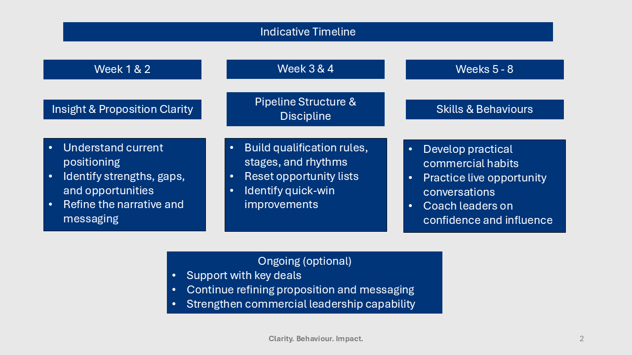 A timeline infographic for a training program outlining weekly goals from weeks 1 through 8, including insight, pipeline structure, skills, and ongoing support activities, with a focus on positioning, qualifying, practicing habits, and leadership skills.