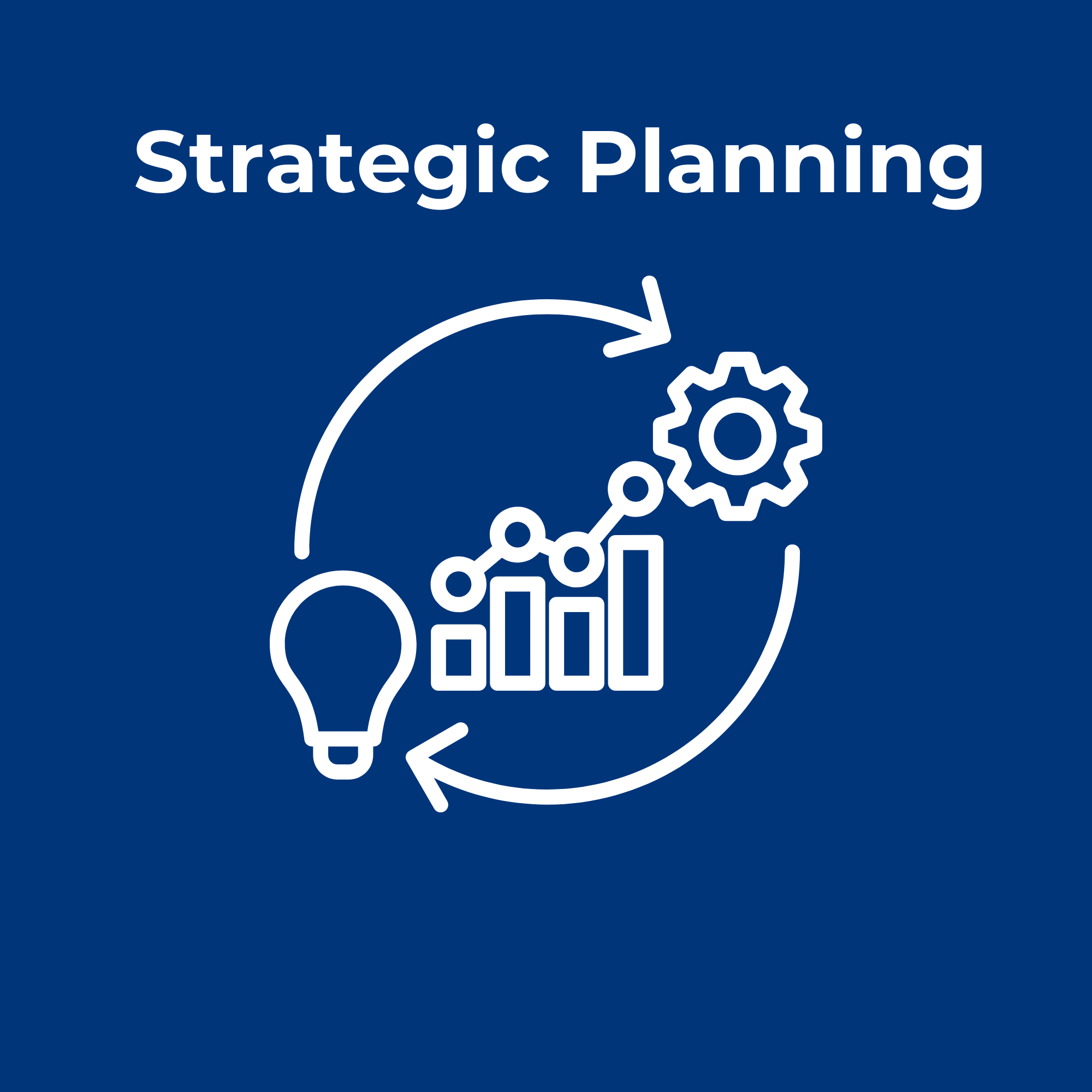 1080 Strategic Planning branding. Blue background with white outline of a lightbulb, bar graph with connected dots, and gear, representing strategic planning.