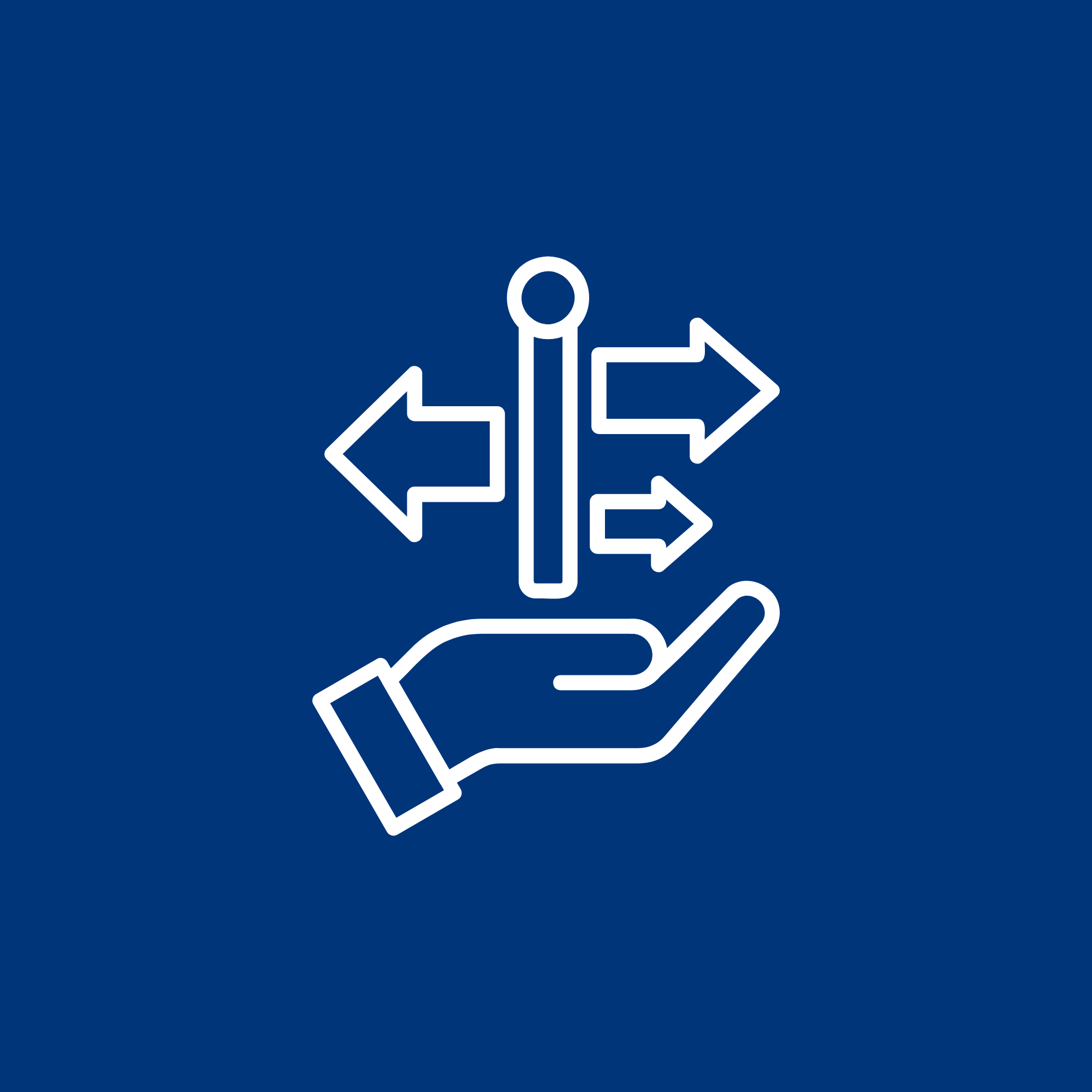Icon of a hand holding a signpost with arrows pointing left, right, and straight ahead.