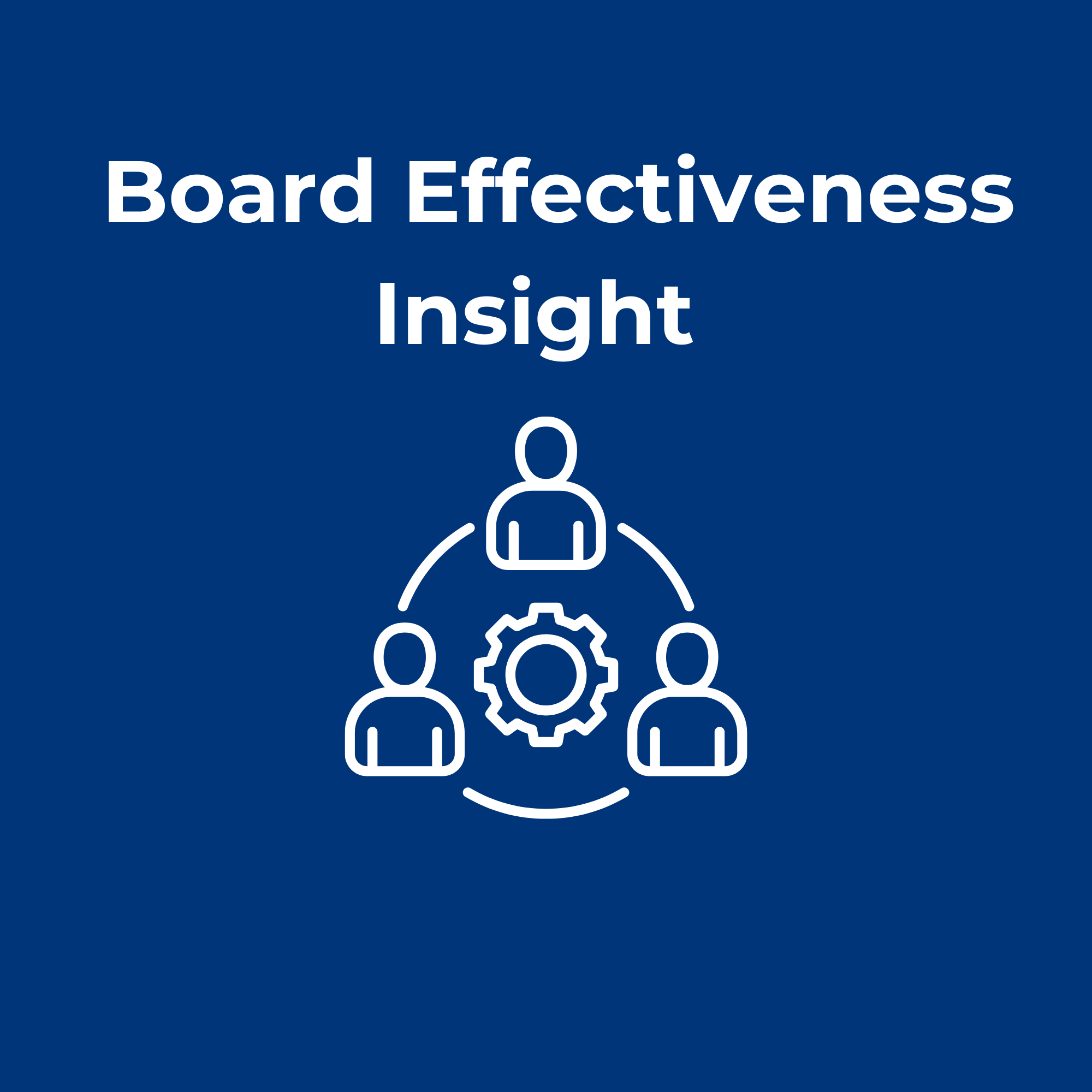 1080 Board Effectiveness Insight branding. Blue background with white text that reads 'Board Effectiveness Insight' and a white icon of three people connected around a gear representing holding everyone equally to account.