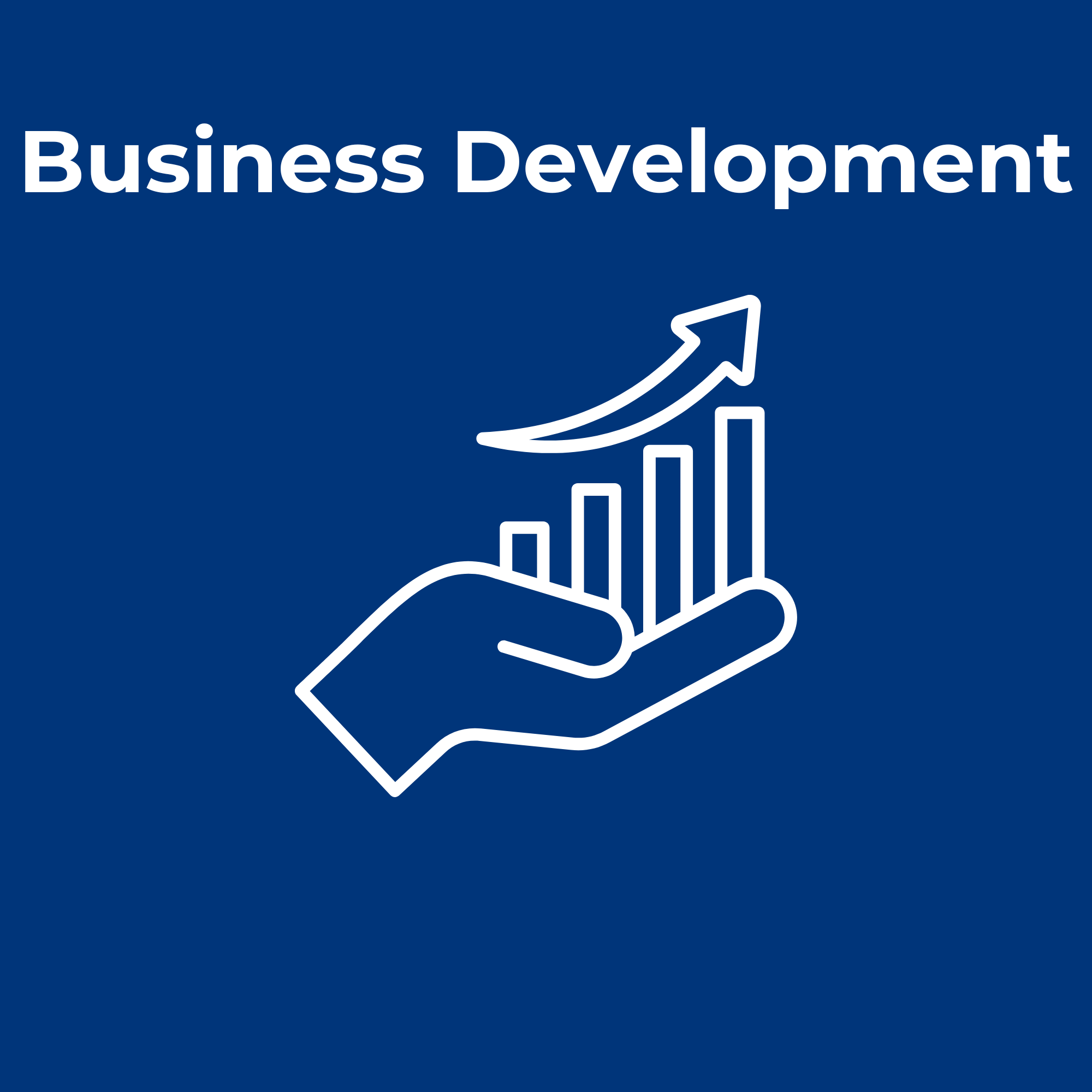 1080 Business Development branding. Blue background with white outline of a hand holding a bar graph with an upward arrow, representing business development..