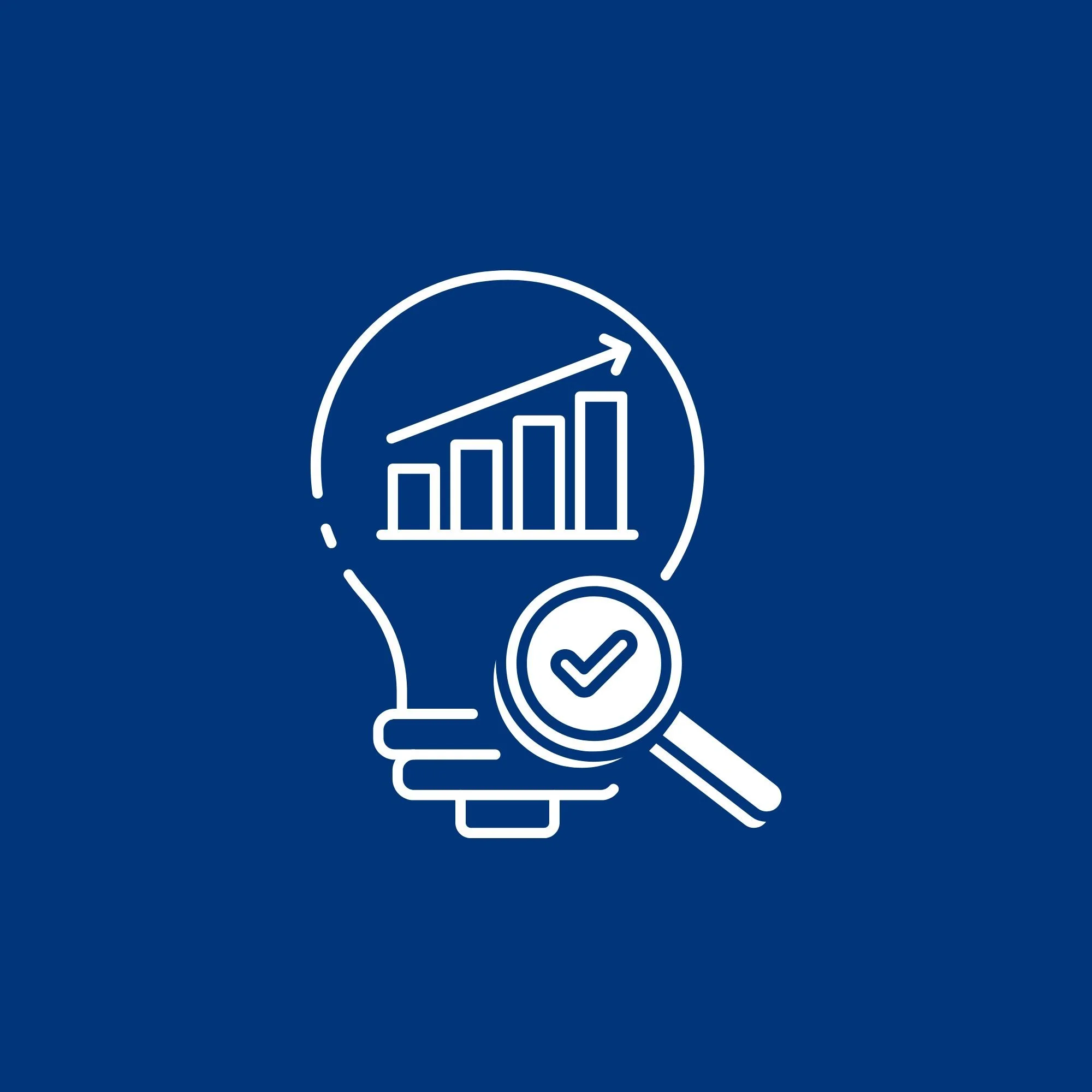 Line graph with upward trend, magnifying glass with checkmark, representing data analysis and positive growth
