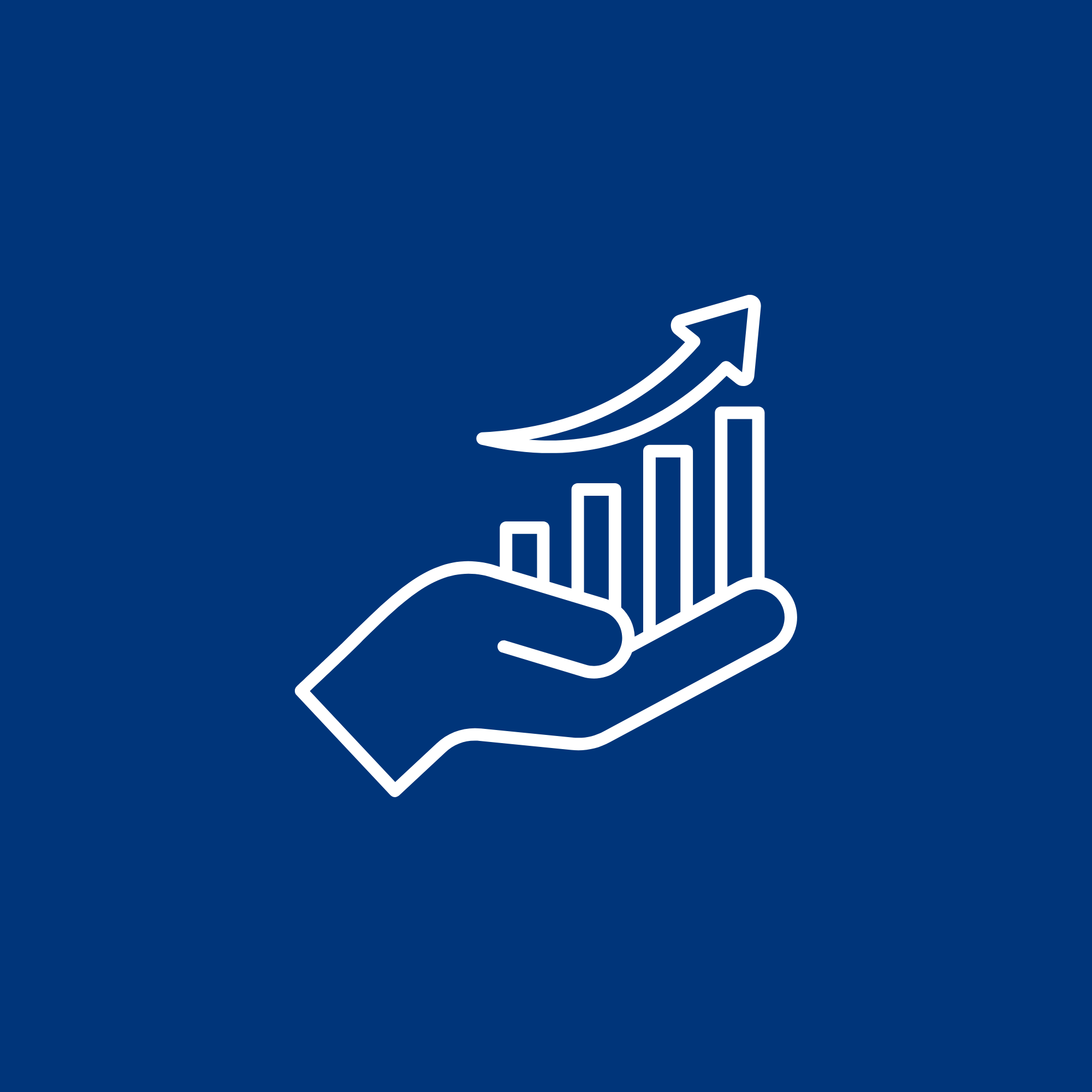 Outline icon of a hand holding a bar graph with an upward arrow, symbolizing growth or success.