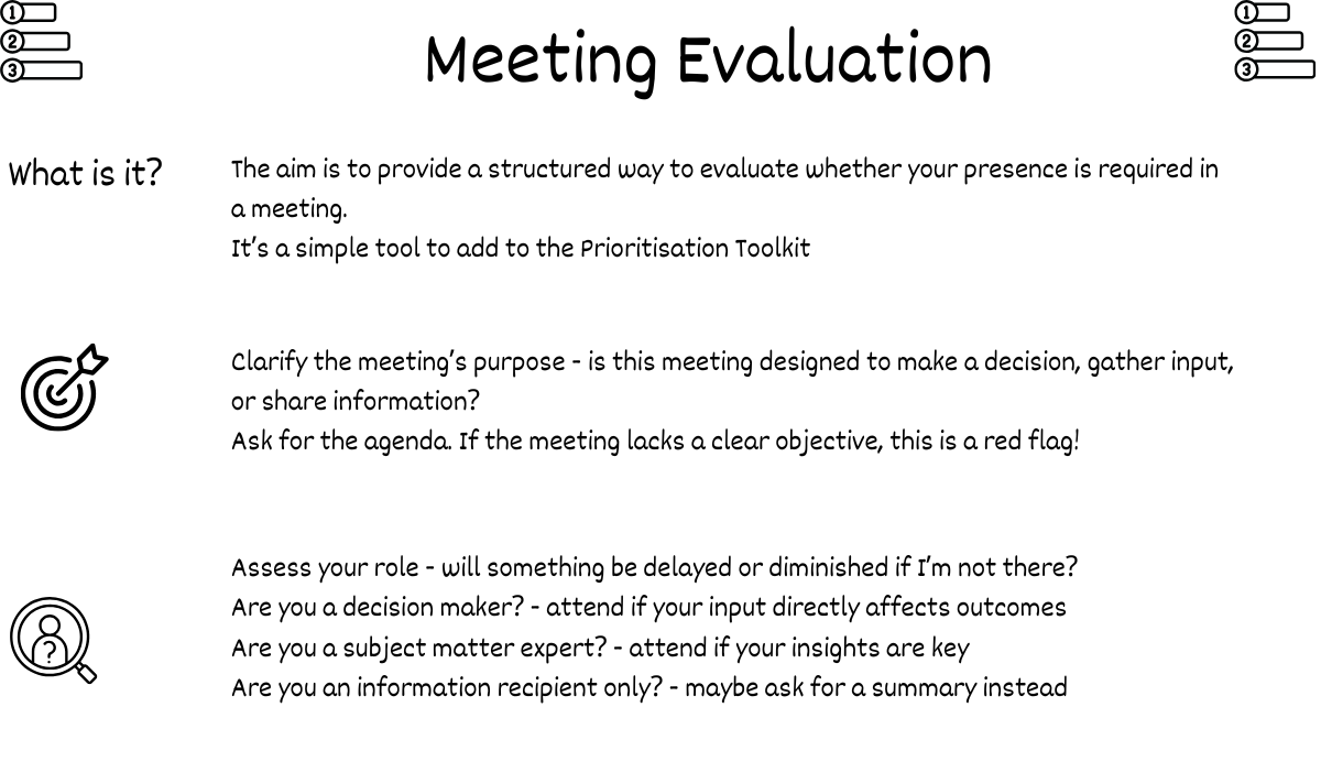 Meeting Evaluation Framework; How to Decide whether to Attend, Delegate or Skip a Meeting
