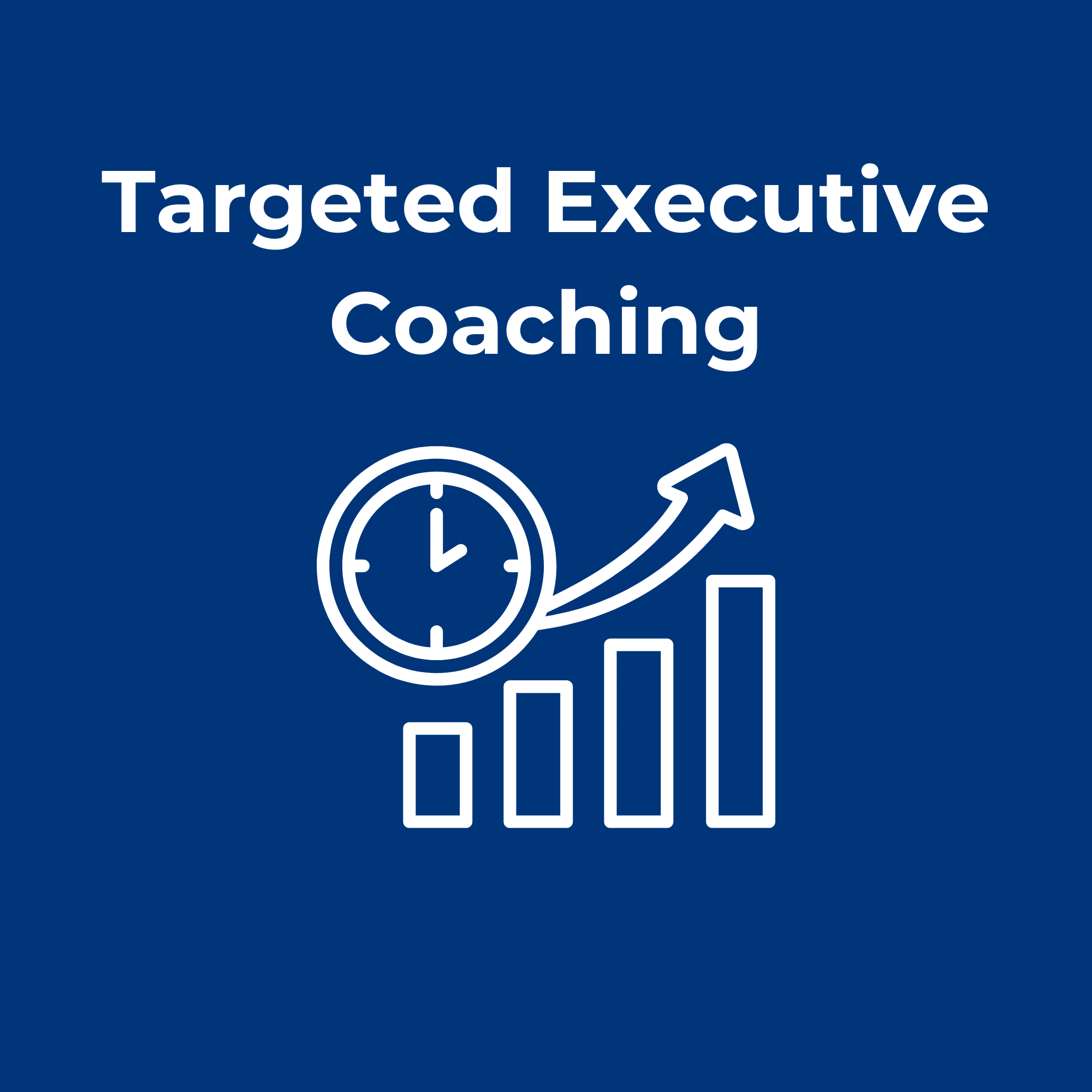 1080 Targeted Executive Coaching branding. Blue background with white text and icon: Targeted Executive Coaching with clock and upward trending bar graph and arrow.