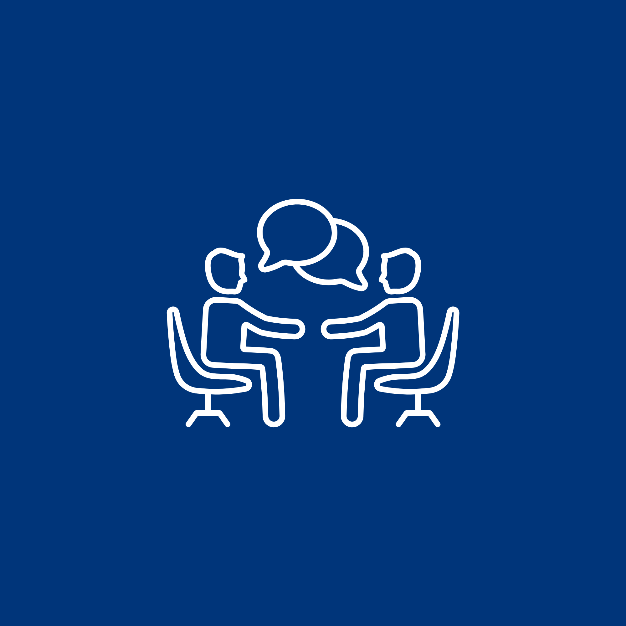 Outline illustration of two people sitting at a table, engaging in conversation with speech bubbles above them, on a dark blue background.
