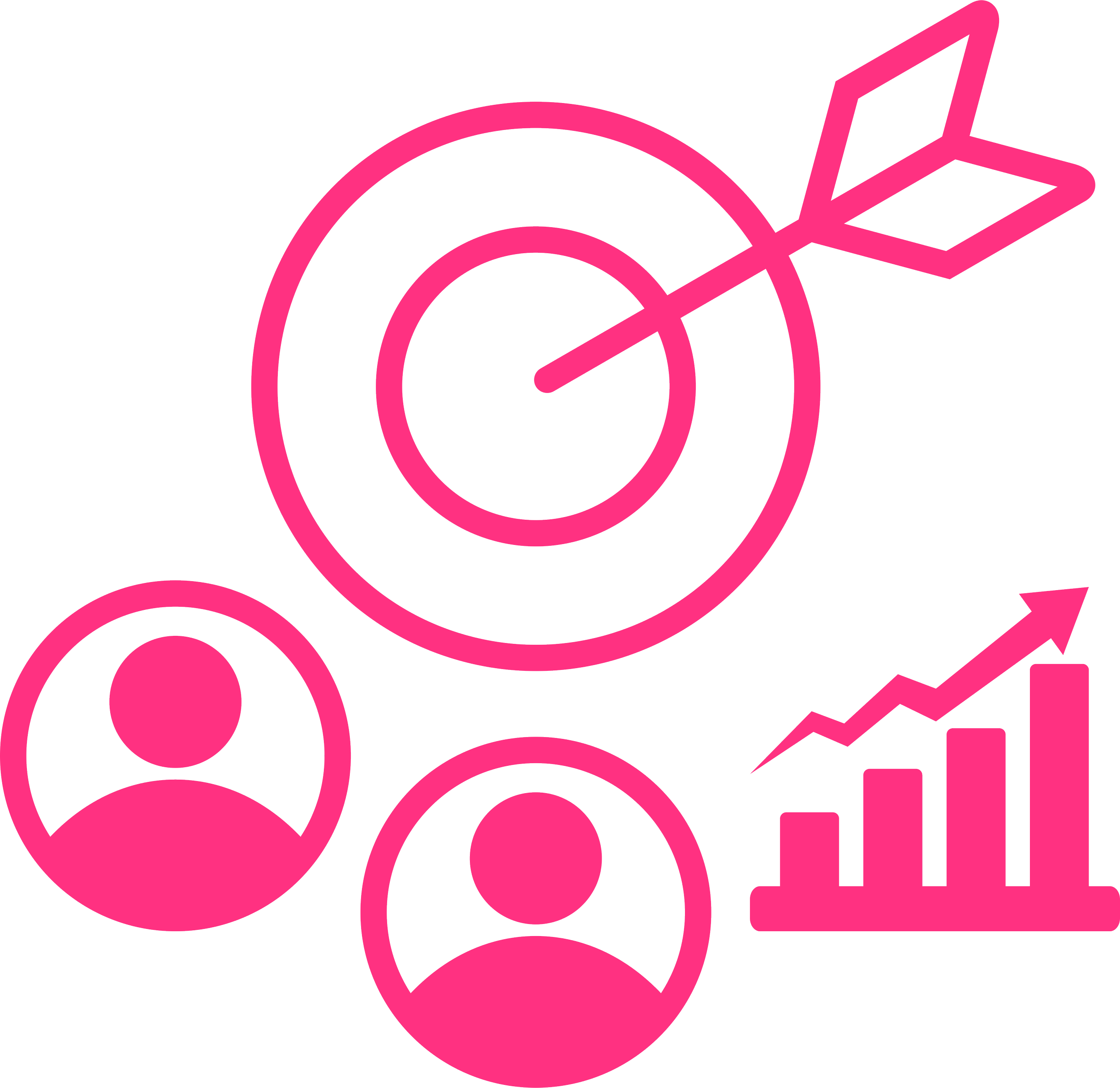 Pink icons of a target with an arrow, two user avatar profiles, and a rising bar graph with an arrow indicating growth.