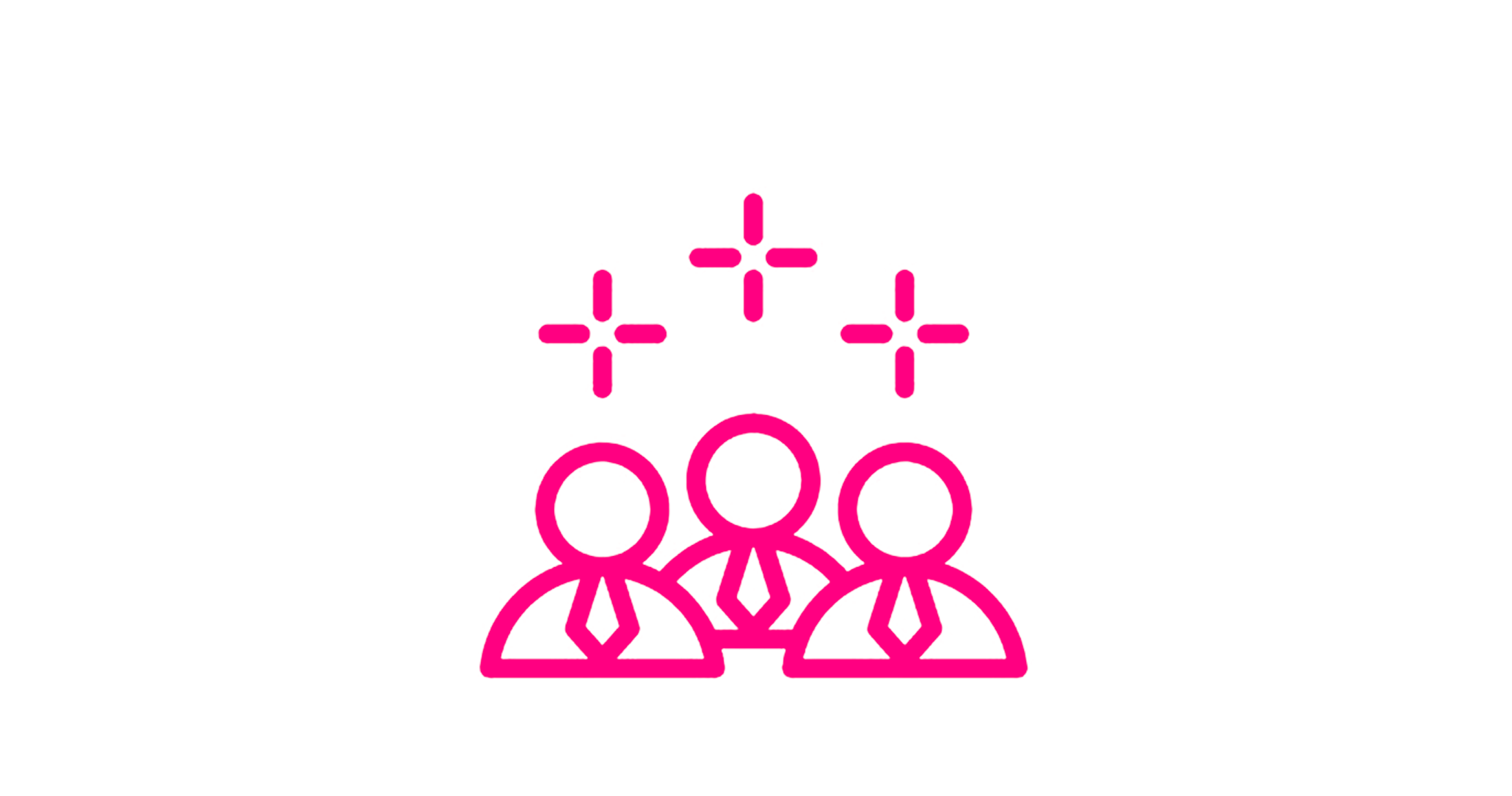 Pink outline illustration of three business people in suits with a connected network above them, representing teamwork or collaboration.