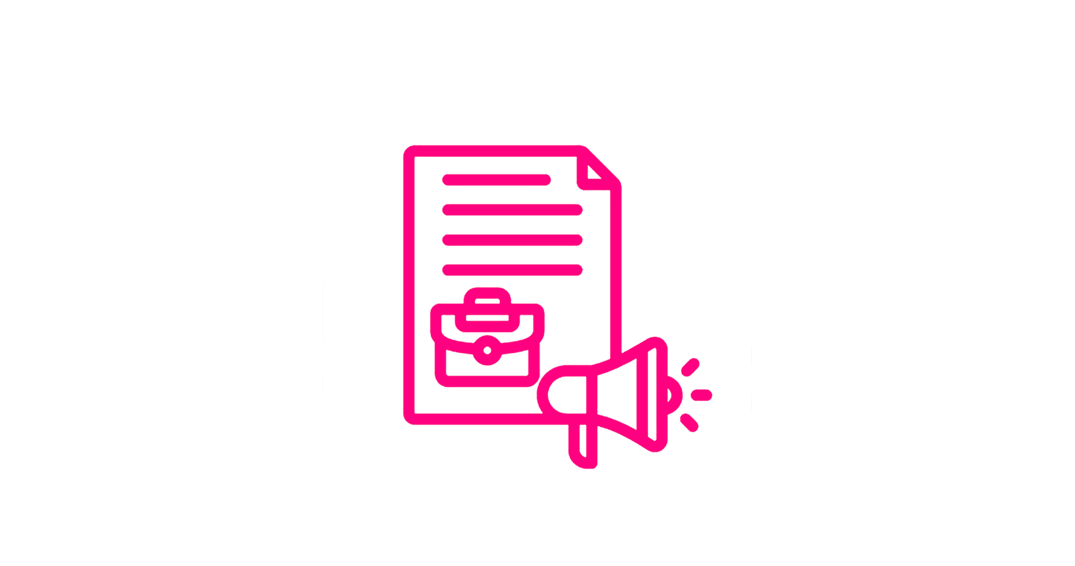 A neon pink outline of a mobile phone with text lines, a briefcase icon, and a megaphone icon with sound waves.