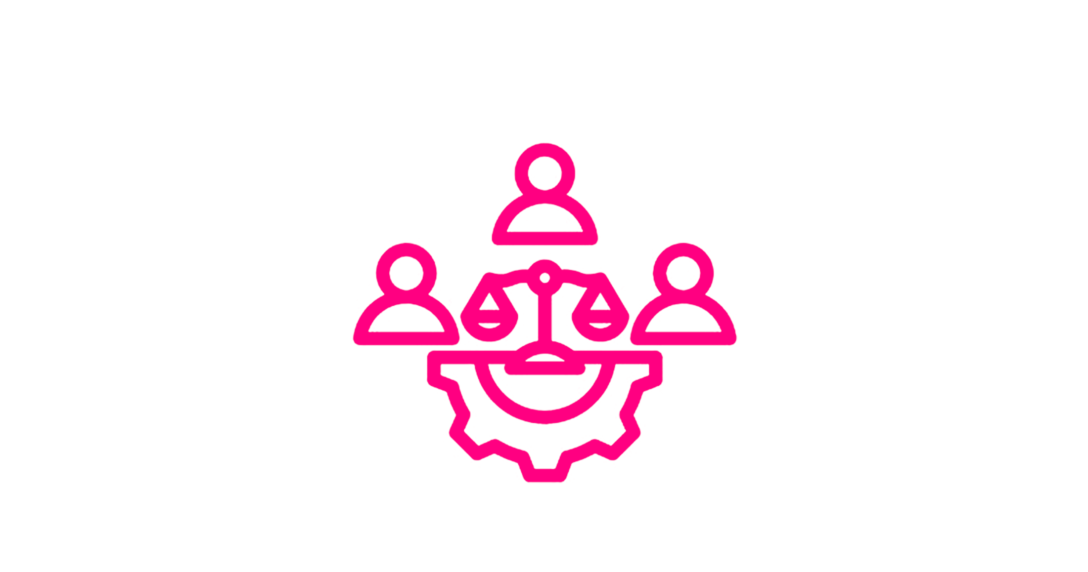 Neon pink outline of a gear with three human figures above, connected by lines, representing teamwork or collaboration in a technical or industrial context.