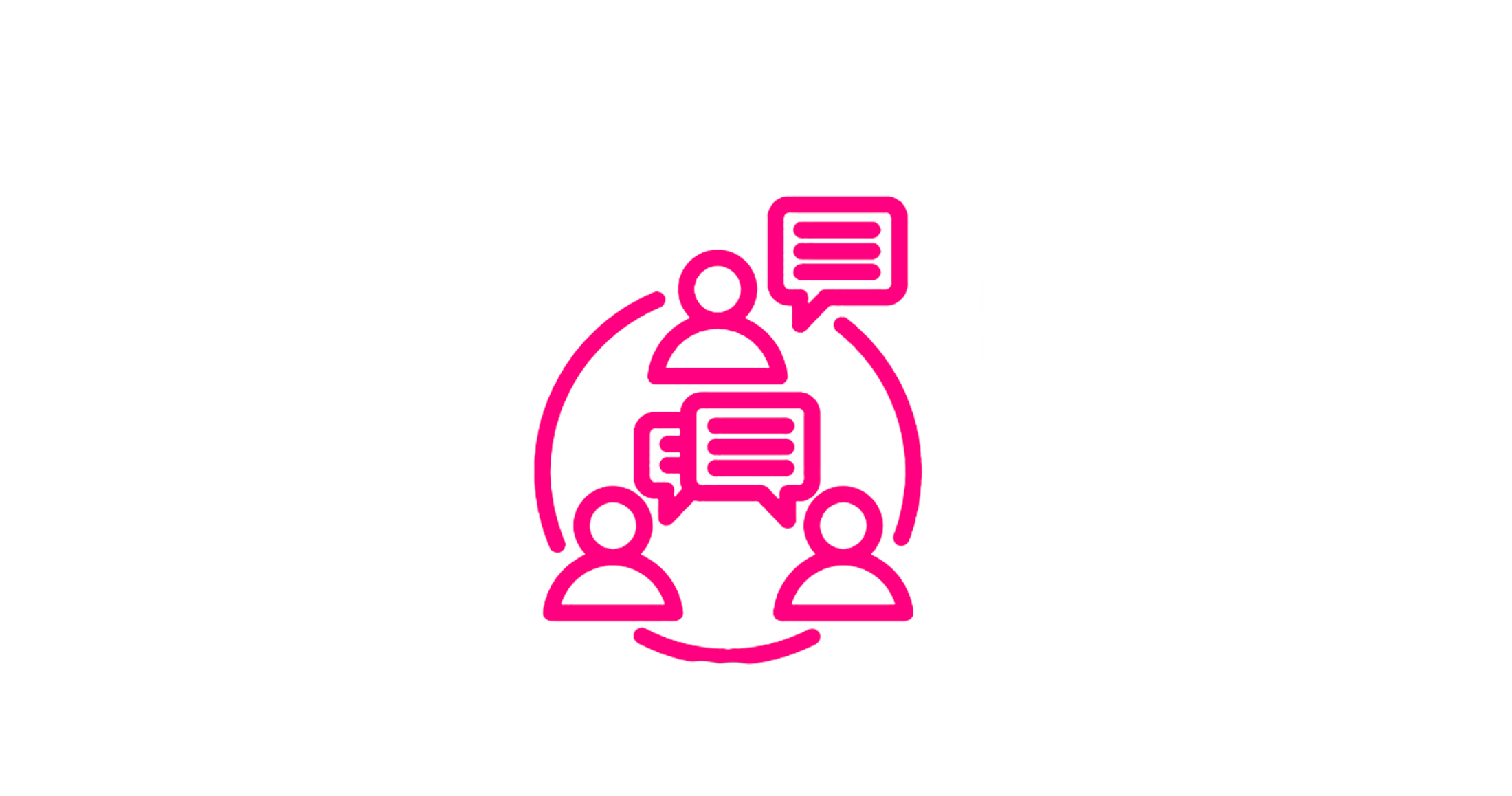Neon pink outline of four people in a circular discussion with speech bubbles indicating conversation or communication.