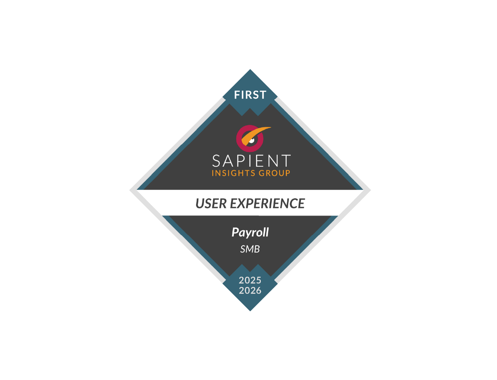 Infographic with a diamond shape and a black background, featuring a central logo for Sapient Insights Group with a magnifying glass and arrow, along with text about user experience, payroll, SMB, and the years 2025 and 2026.