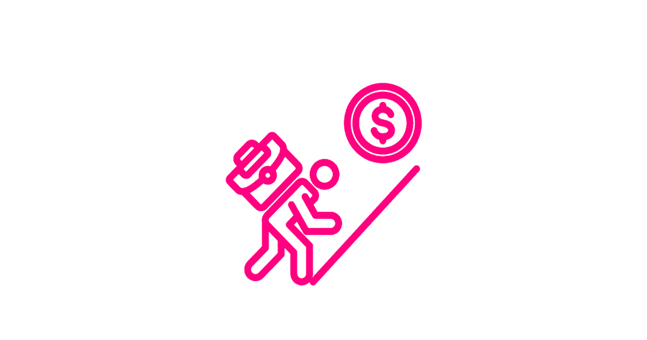 Pink neon outline of a person computing on a laptop, with a coin displaying a dollar sign above.