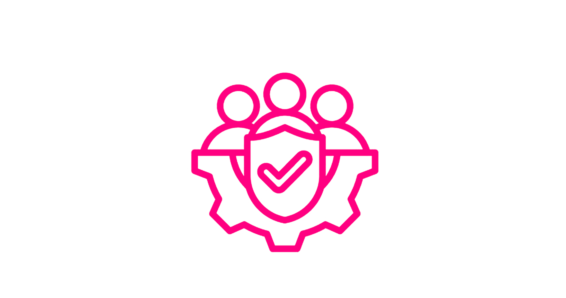 Neon pink outline icon of three people with a gear and a checkmark in the center, representing team or community management.