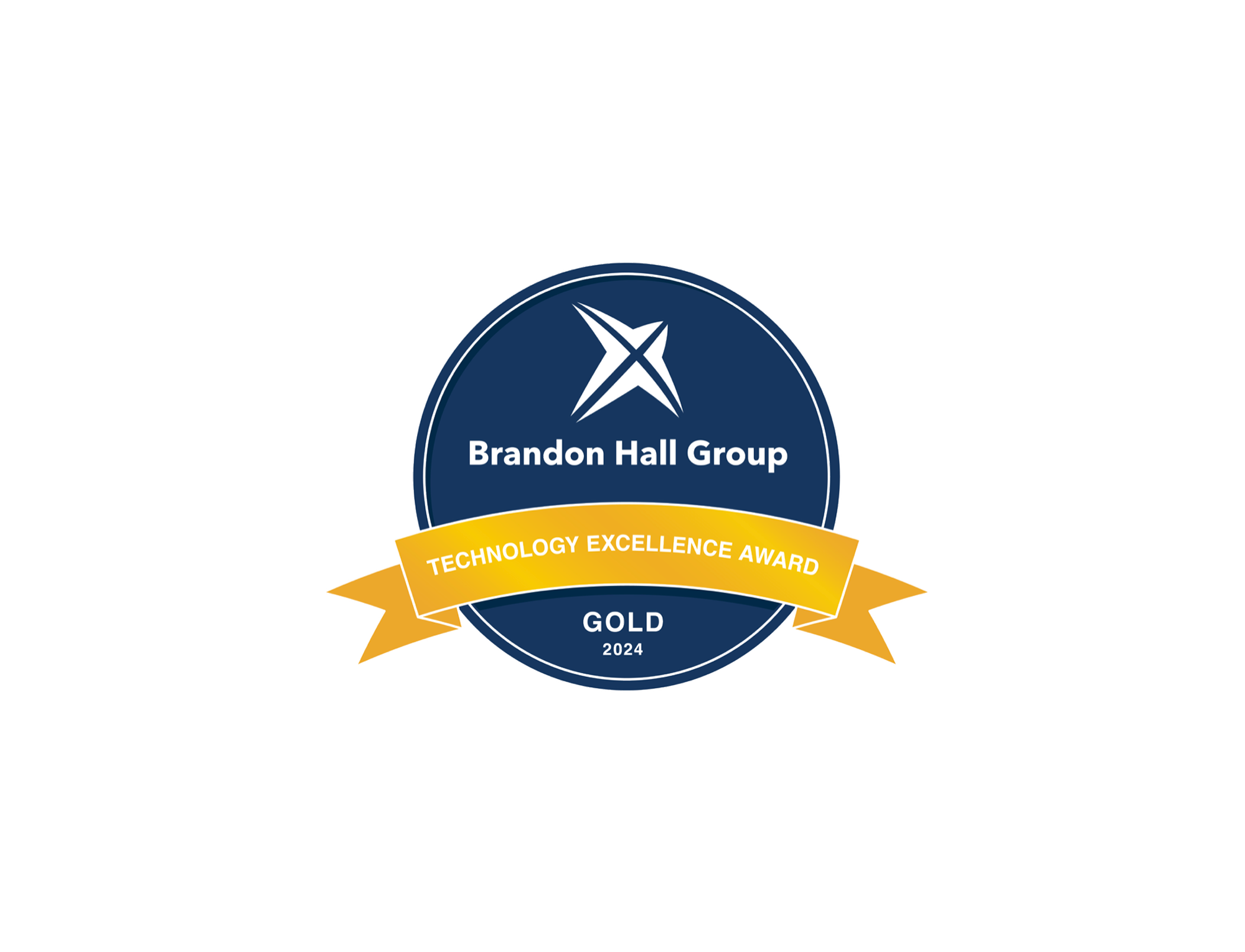 Brandon Hall Group logo with a gold ribbon banner reading 'Technology Excellence Award' and 'Gold 2024' on it.