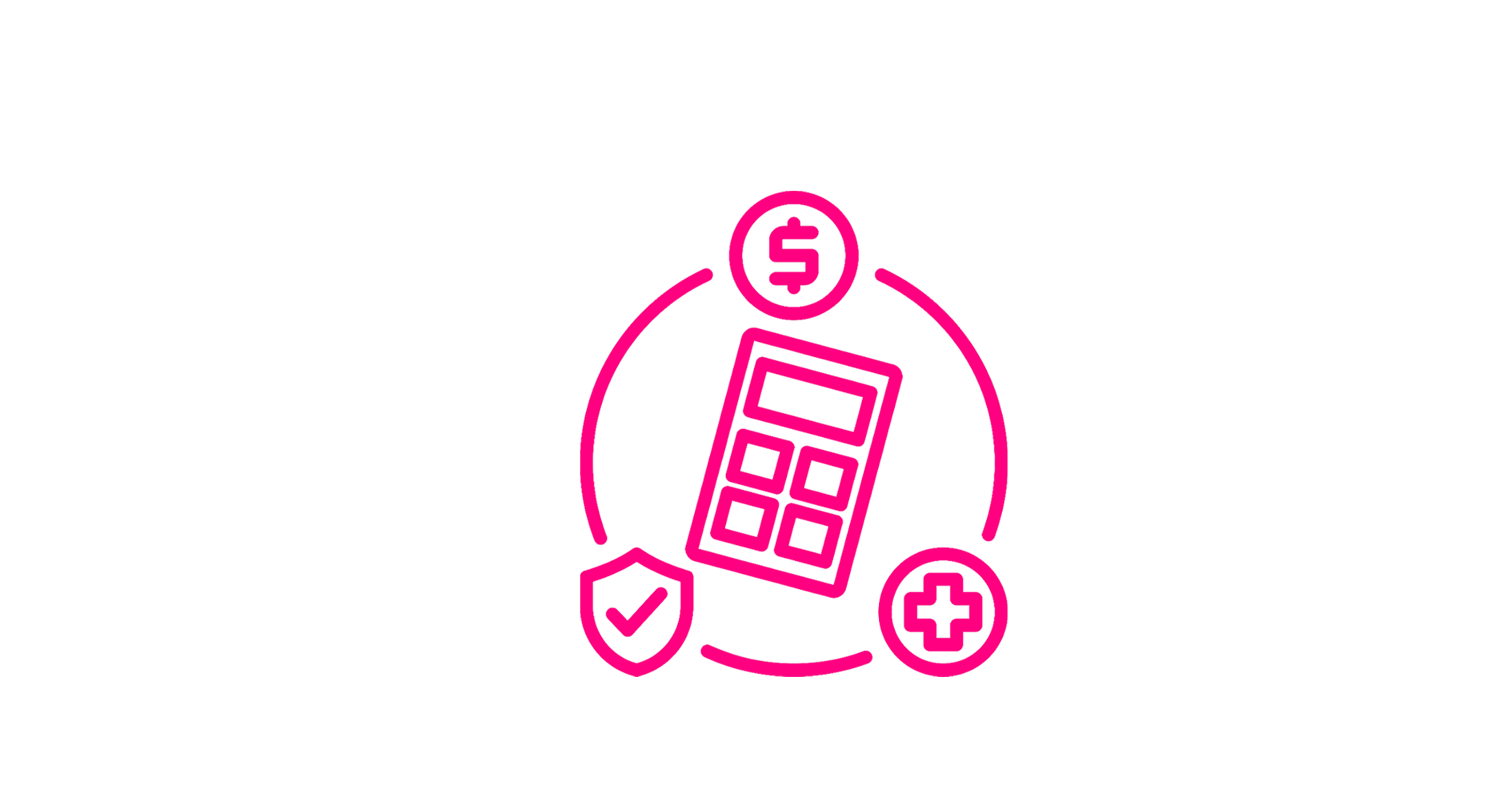 Neon pink line art of a calculator surrounded by icons of a dollar sign, shield with check mark, and medical cross, on a black background.