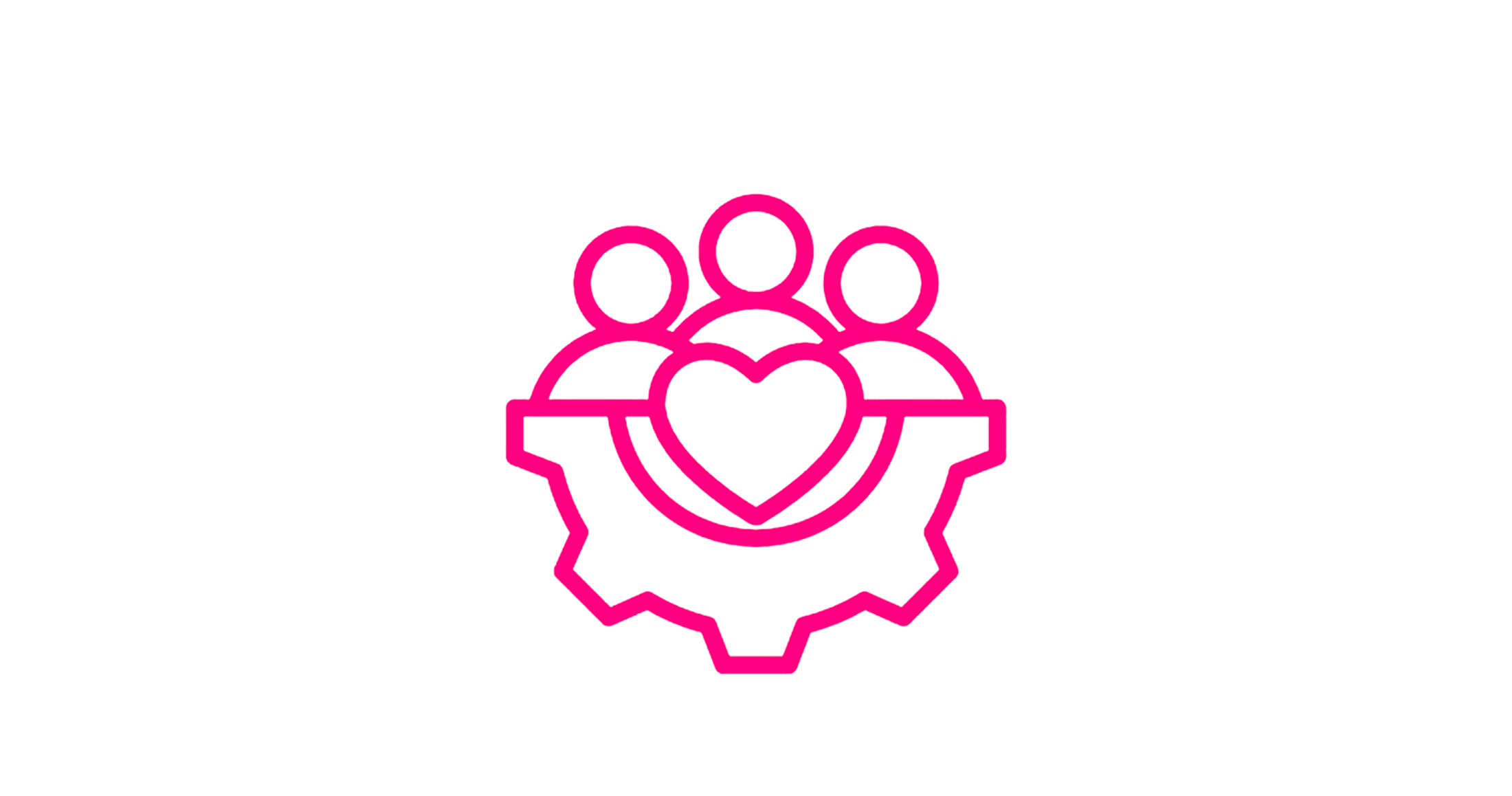 Neon pink outline of three people with a heart in the center, inside a gear shape, on a black background.