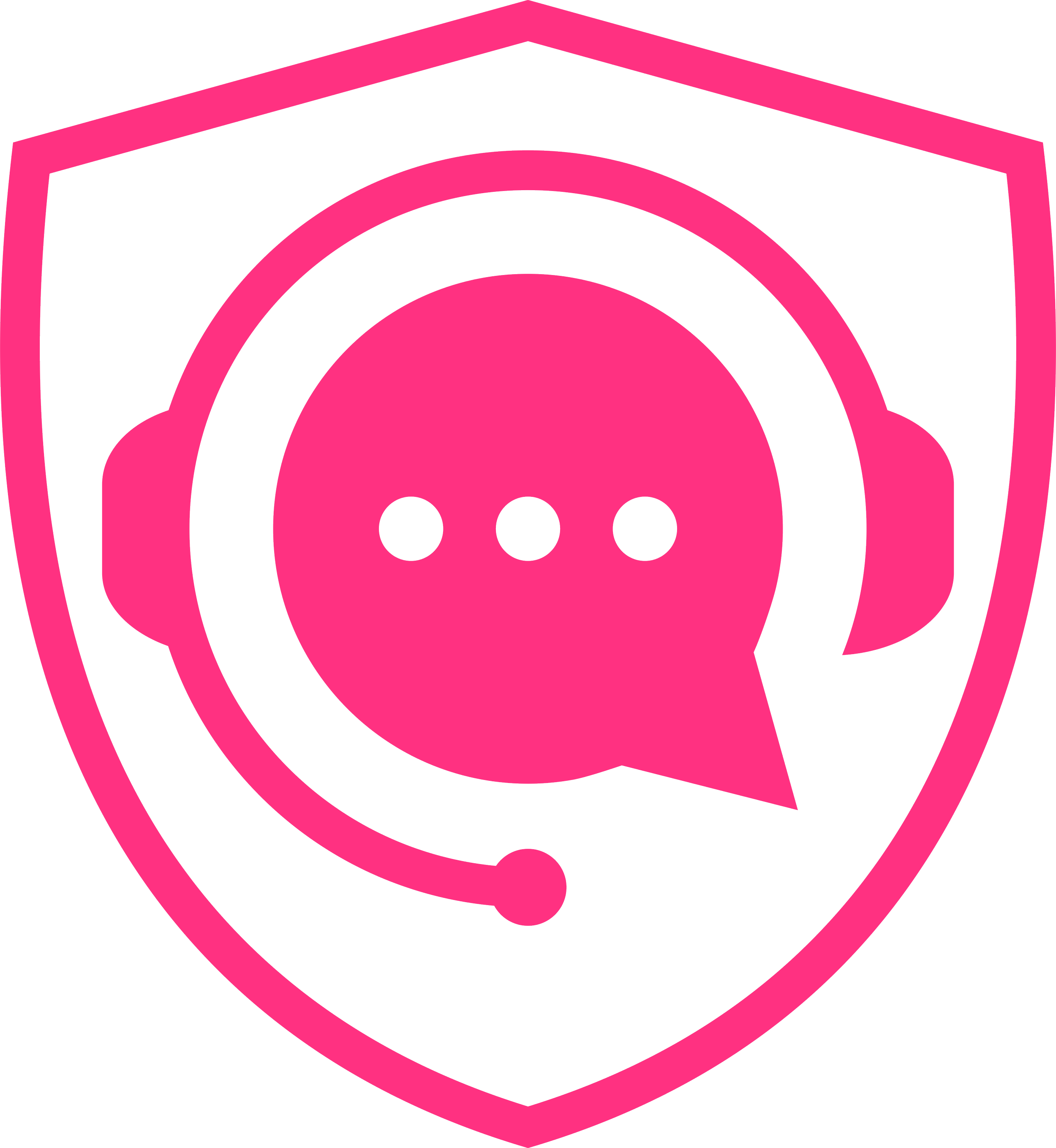 Pink and black logo of a shield with a speech bubble featuring three dots and a headset across the speech bubble.
