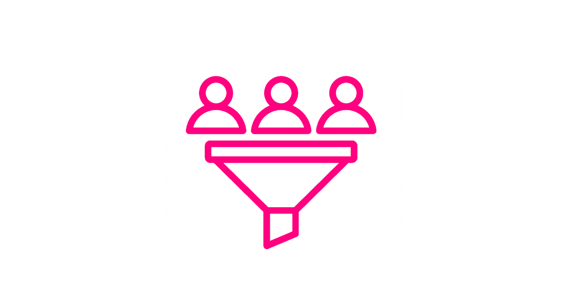 Pink outline icon of a funnel filtering three human figures into a single output.