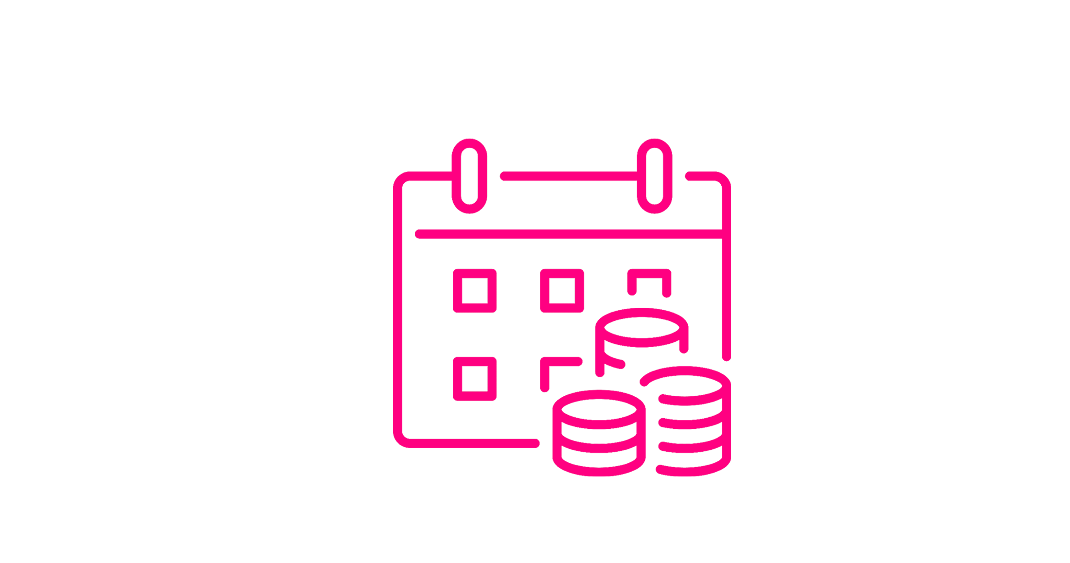 A neon pink outline of a calendar with three coins stacked in front of it.
