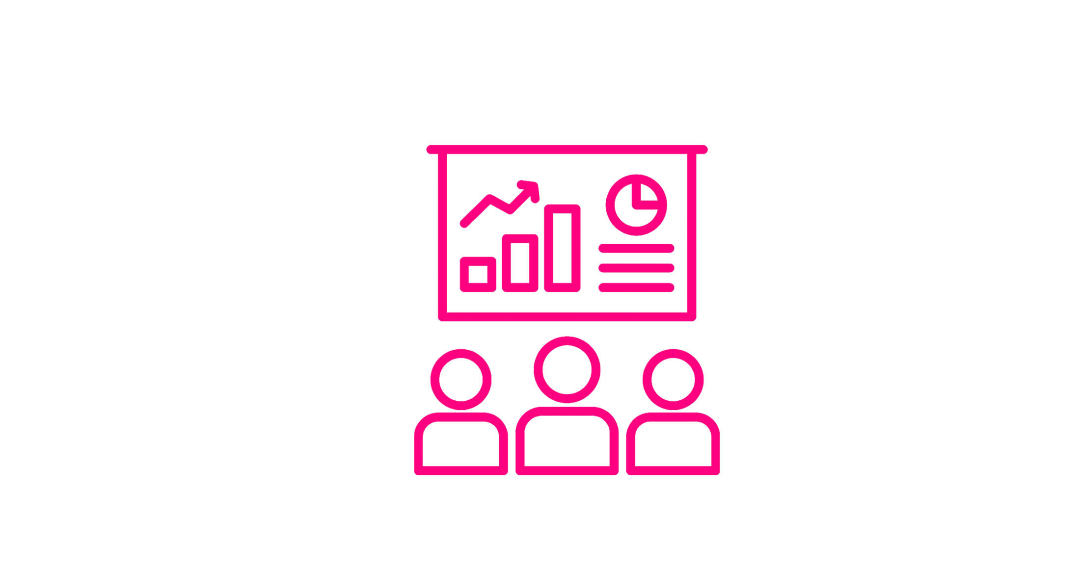 Pink outline of three people in front of a presentation board showing charts and graphs.
