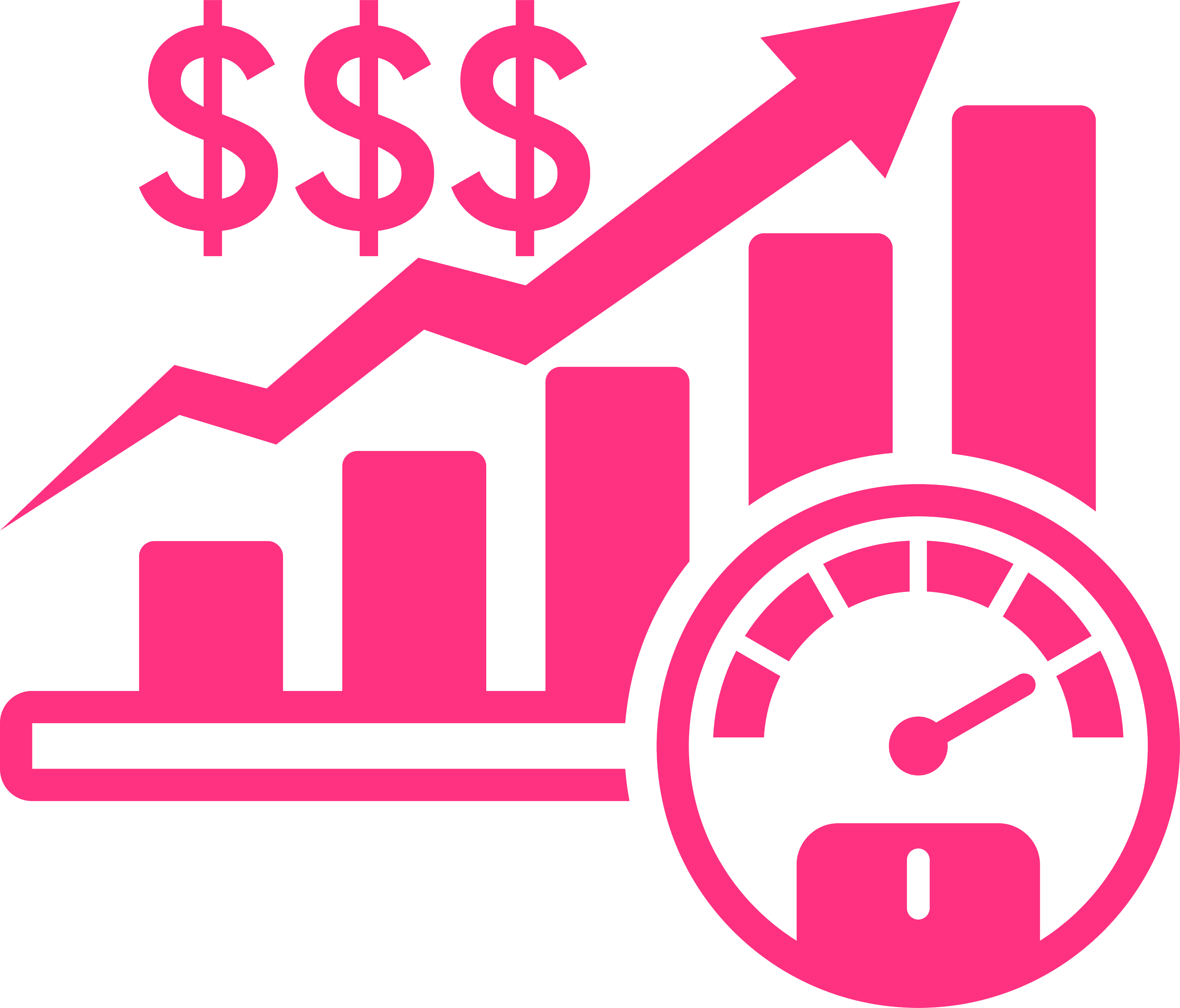 Pink illustration of a bar chart and an upward trending line graph, with dollar signs, and a gauge showing a high reading, symbolizing financial growth and performance.