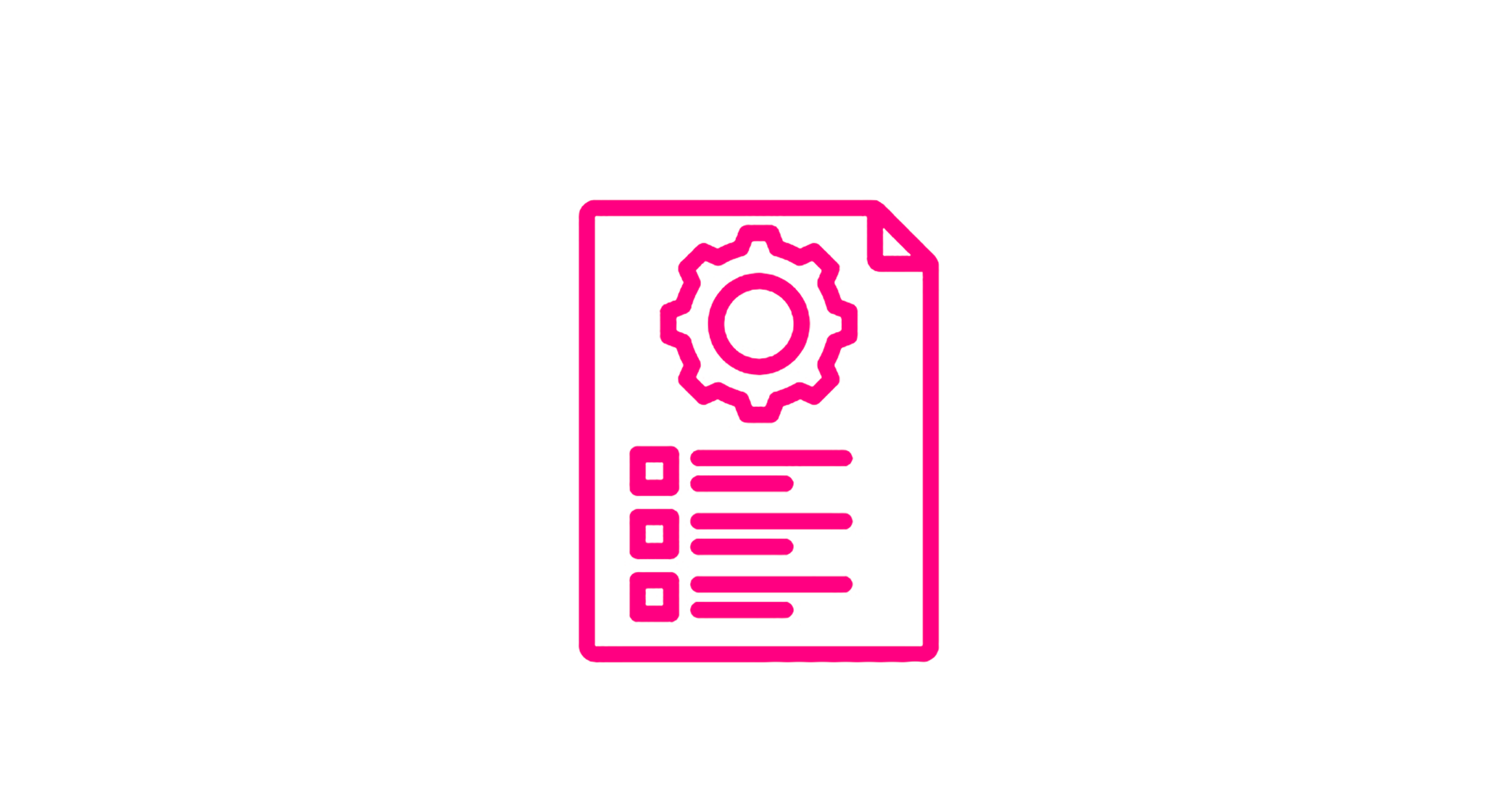 Neon pink outline of a document with a gear icon on top, representing settings or configuration, on a black background.