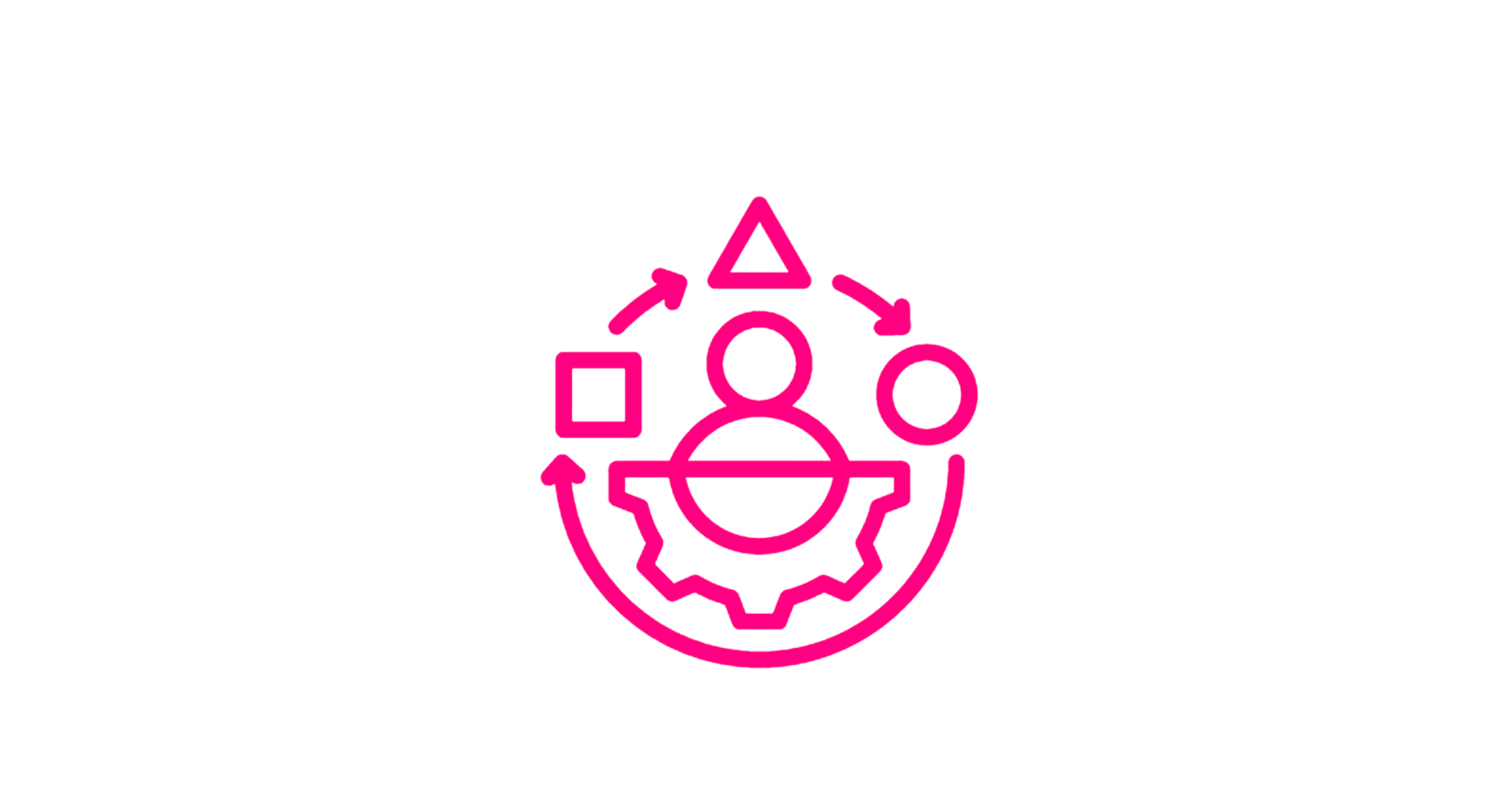 Neon pink icons of a gear, a person, a gear, and geometric shapes representing automation or system workflow on a black background.
