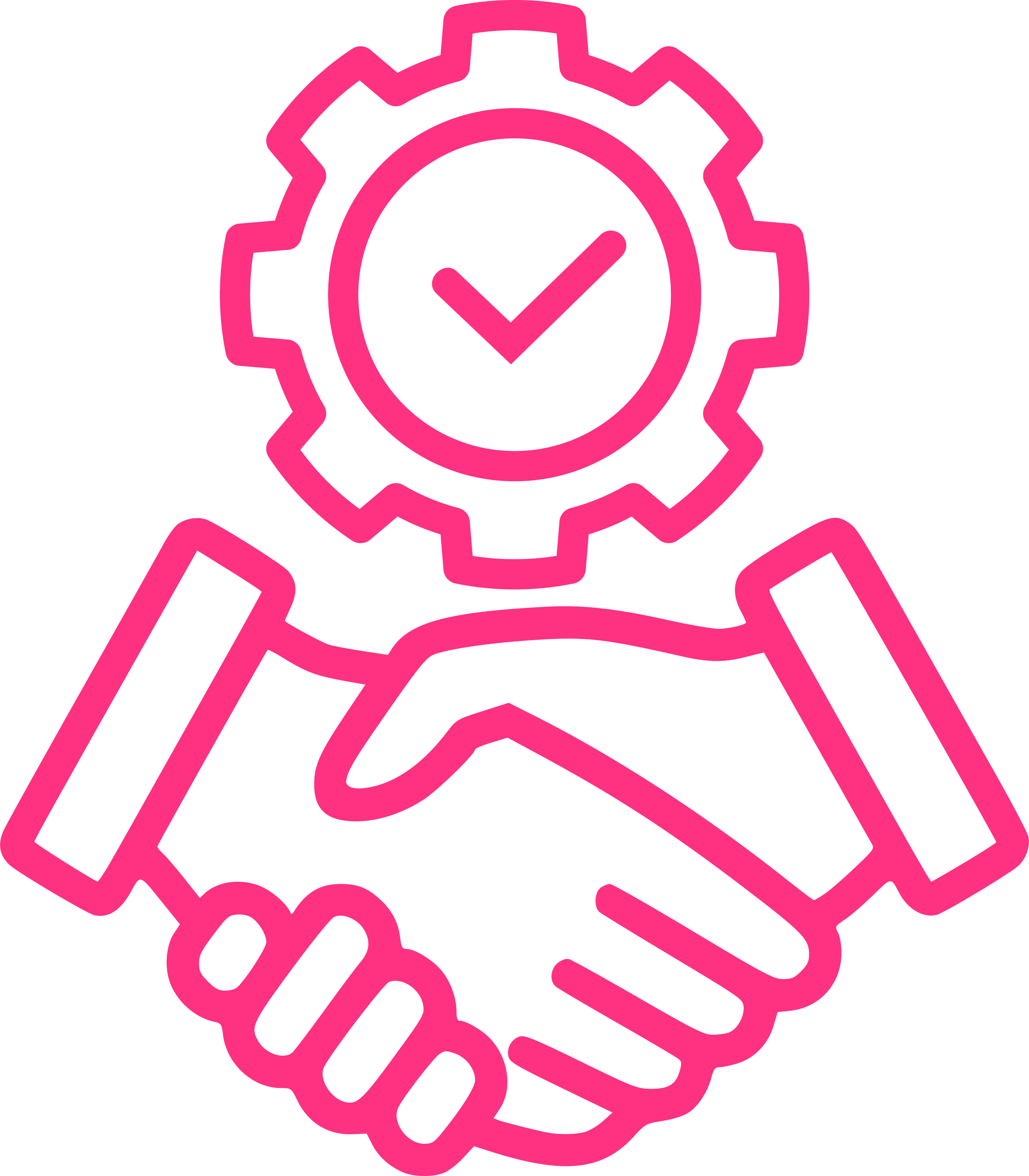 Pink outline of a handshake with a gear and checkmark symbol above