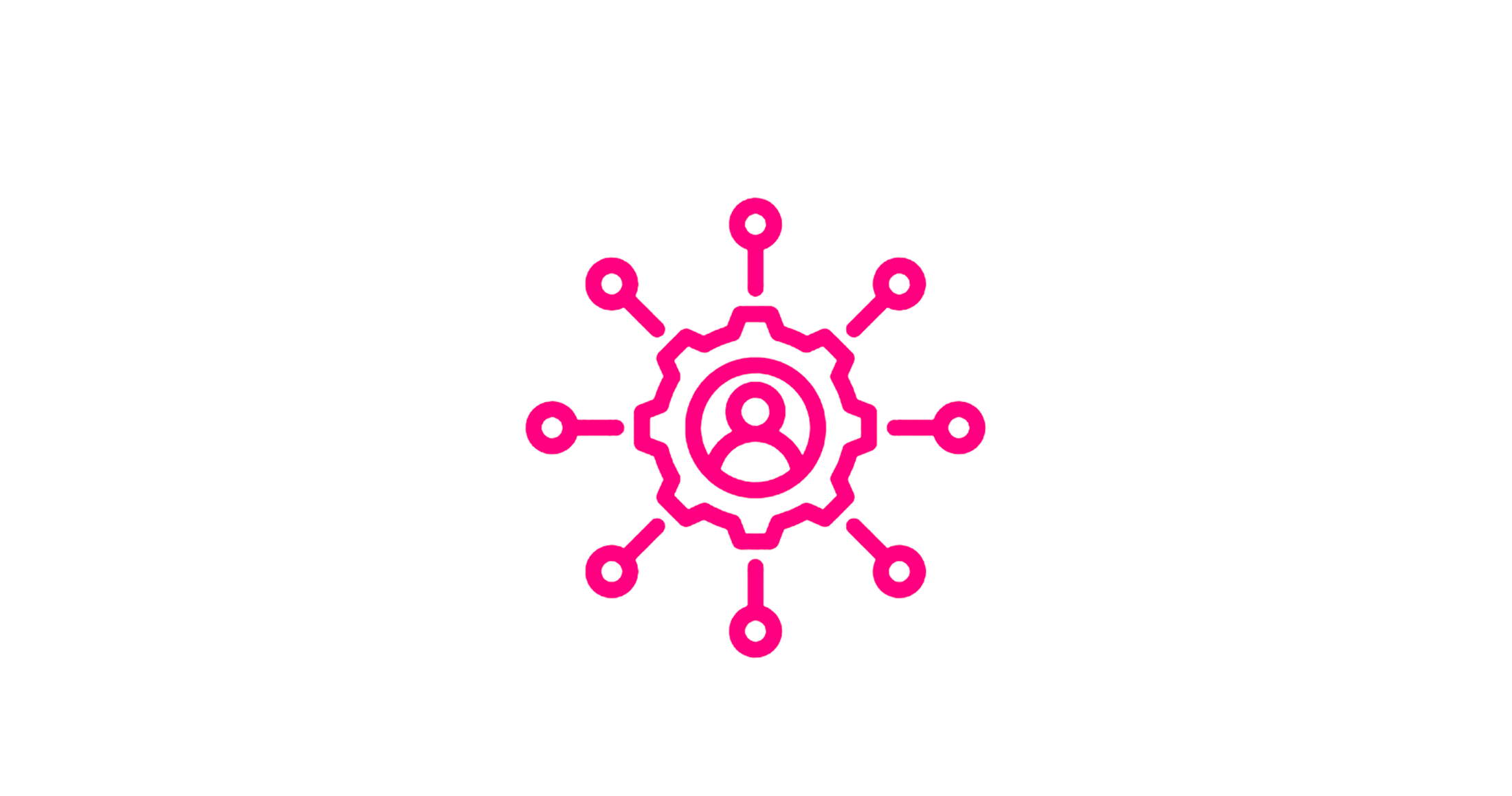 Pink digital icon of a gear with connected nodes surrounding a person profile, symbolizing user management or network connectivity.