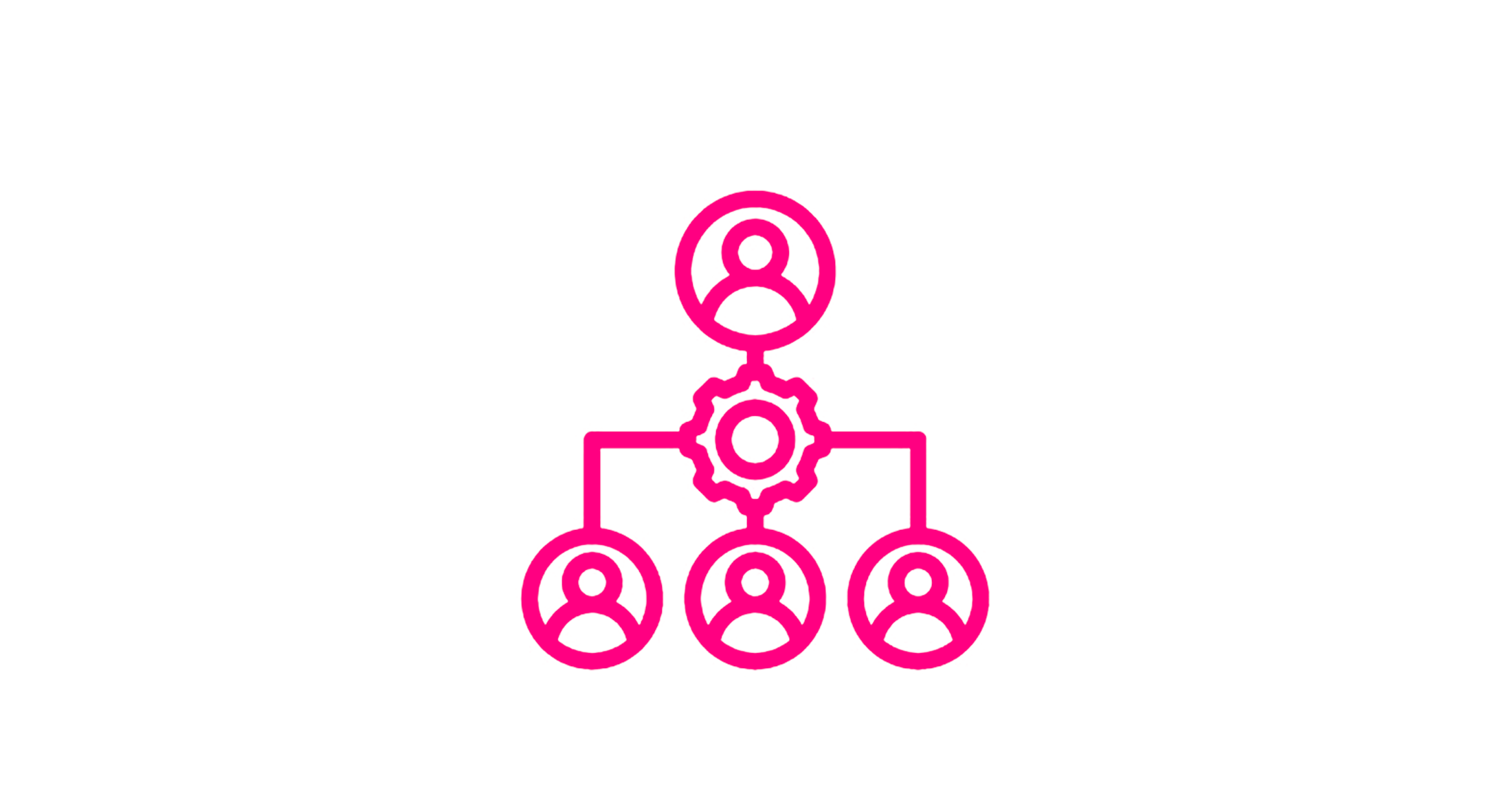 A pink outline diagram of a hierarchical network with one user icon at the top, connected by a gear icon in the middle to three user icons at the bottom.