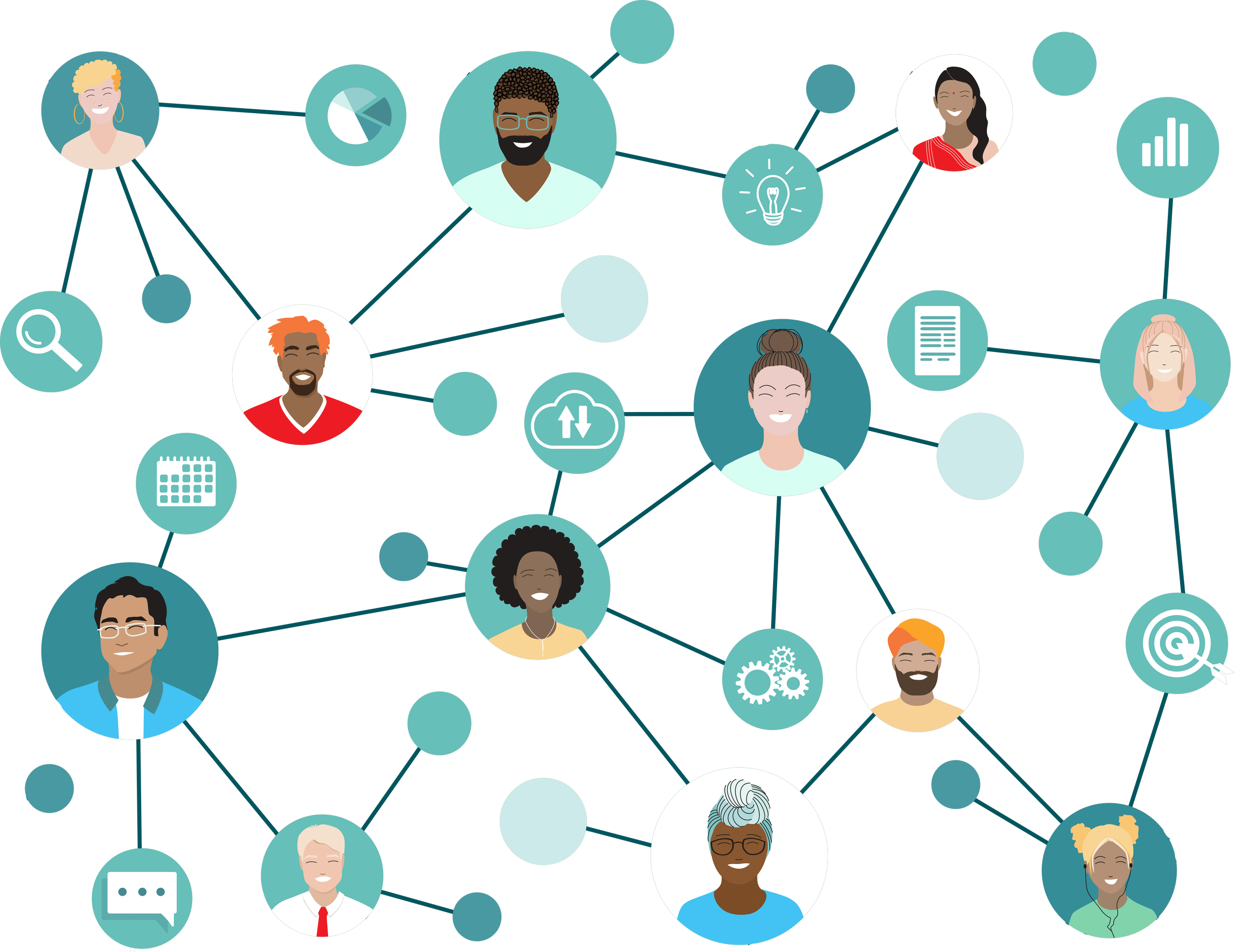 Illustration of a network of diverse people connected through lines, with icons representing ideas, communication, files, search, and statistics scattered throughout the network.