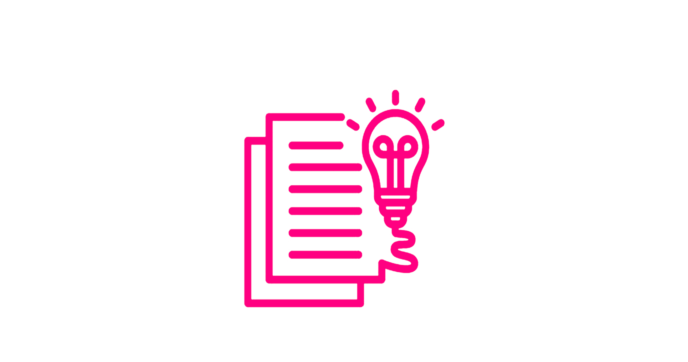 Pink line drawing of a clipboard with a document and a lit light bulb connected to the clipboard, symbolizing ideas and creativity.